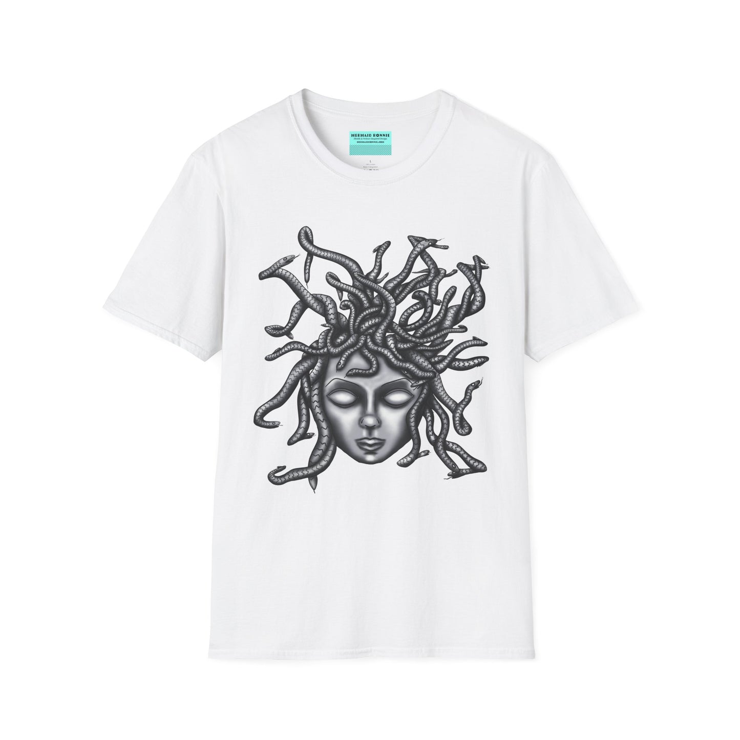 White t-shirt featuring a grayscale drawing of Medusa.