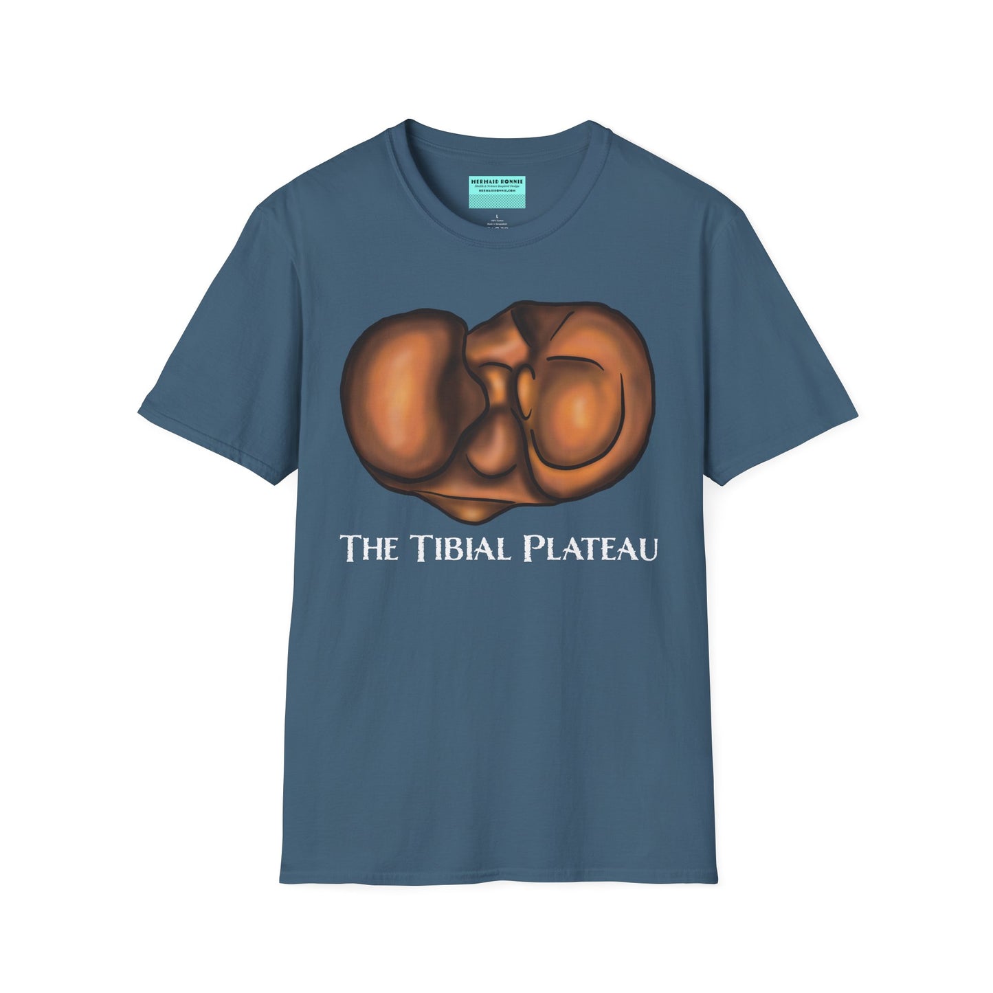 Indigo blue unisex short sleeve tee featuring a clever anatomical illustration of the tibial plateau, reimagined as a landscape with rolling hills—because who knew the tibia could be so scenic?