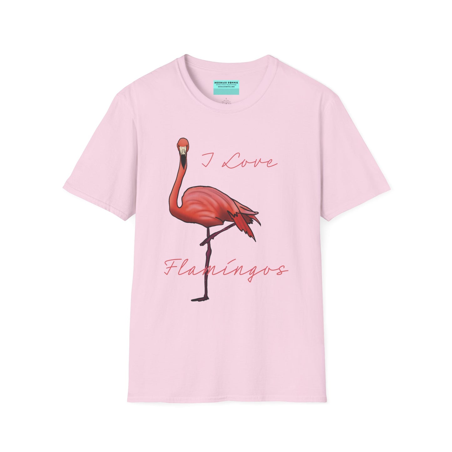 Light pink unisex short-sleeve tee with a fabulously pink flamingo strutting its stuff and the words “I love flamingos” — for anyone whose spirit animal stands on one leg.