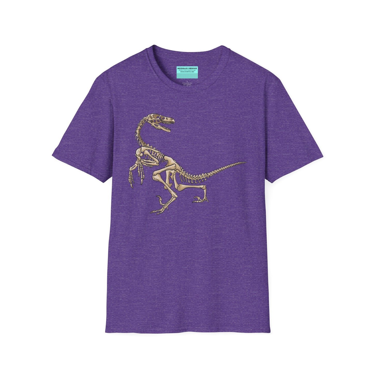 Light purple unisex short sleeve t-shirt with a fierce velociraptor skeleton strutting across the chest—because who says extinct can’t be stylish?