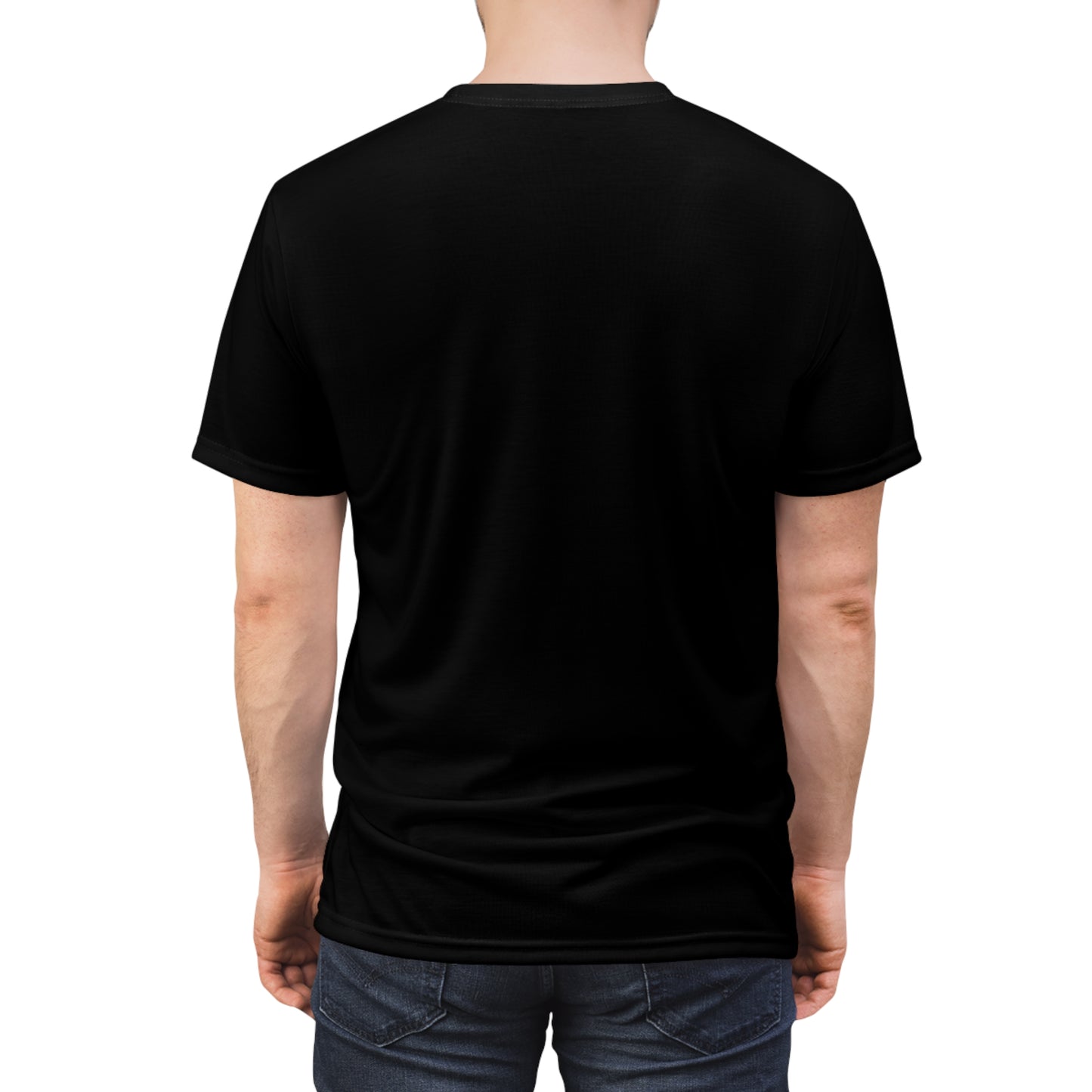 Posterior view of a man wearing a unisex black athletic t-shirt featuring a clever graphic of a zippered hoodie peeled open to reveal detailed trunk musculature underneath—because who needs X-ray vision when your shirt does the flexing for you?