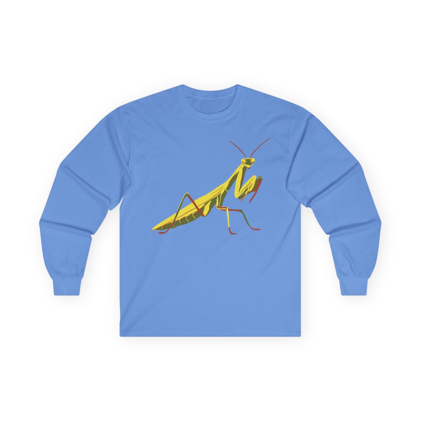 Long sleeve unisex cornflower blue shirt featuring an illustration of a yellow and green praying mantis insect on the front.