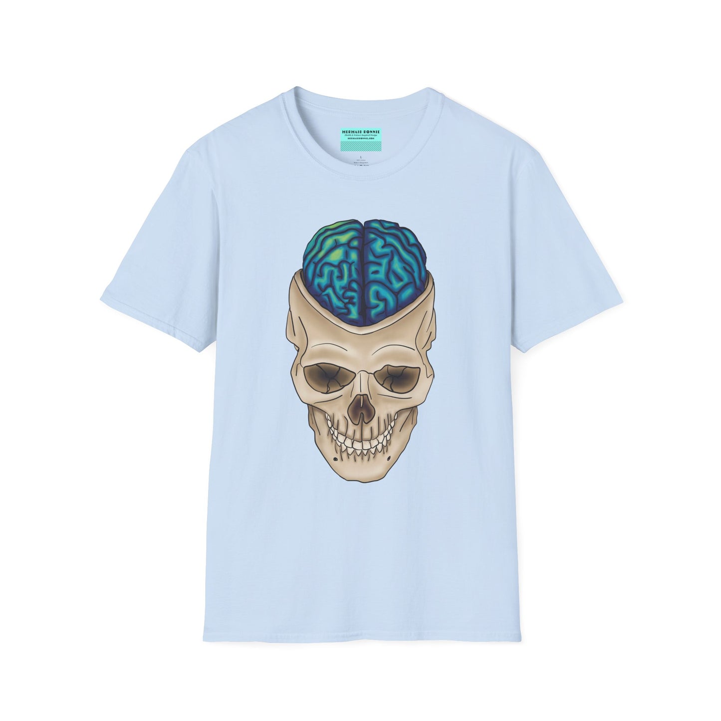 Light blue t-shirt featuring a drawing of an anatomical skull, with a brain emerging from the top.