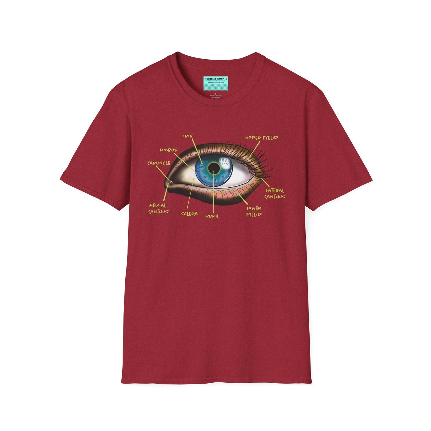 Red shirt featuring an anatomical diagram of an eye, with labeled parts of the eye displayed.