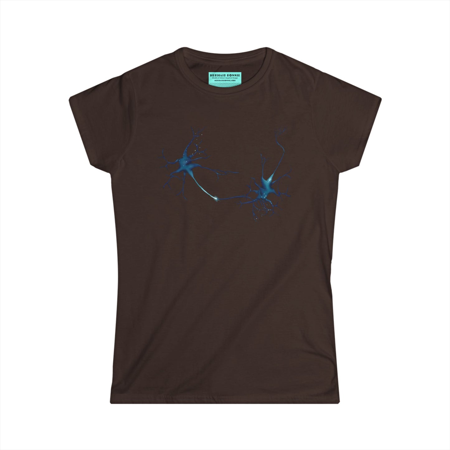 Women’s t-shirt in brown featuring an illustration of two multipolar neurons forming a synapse.