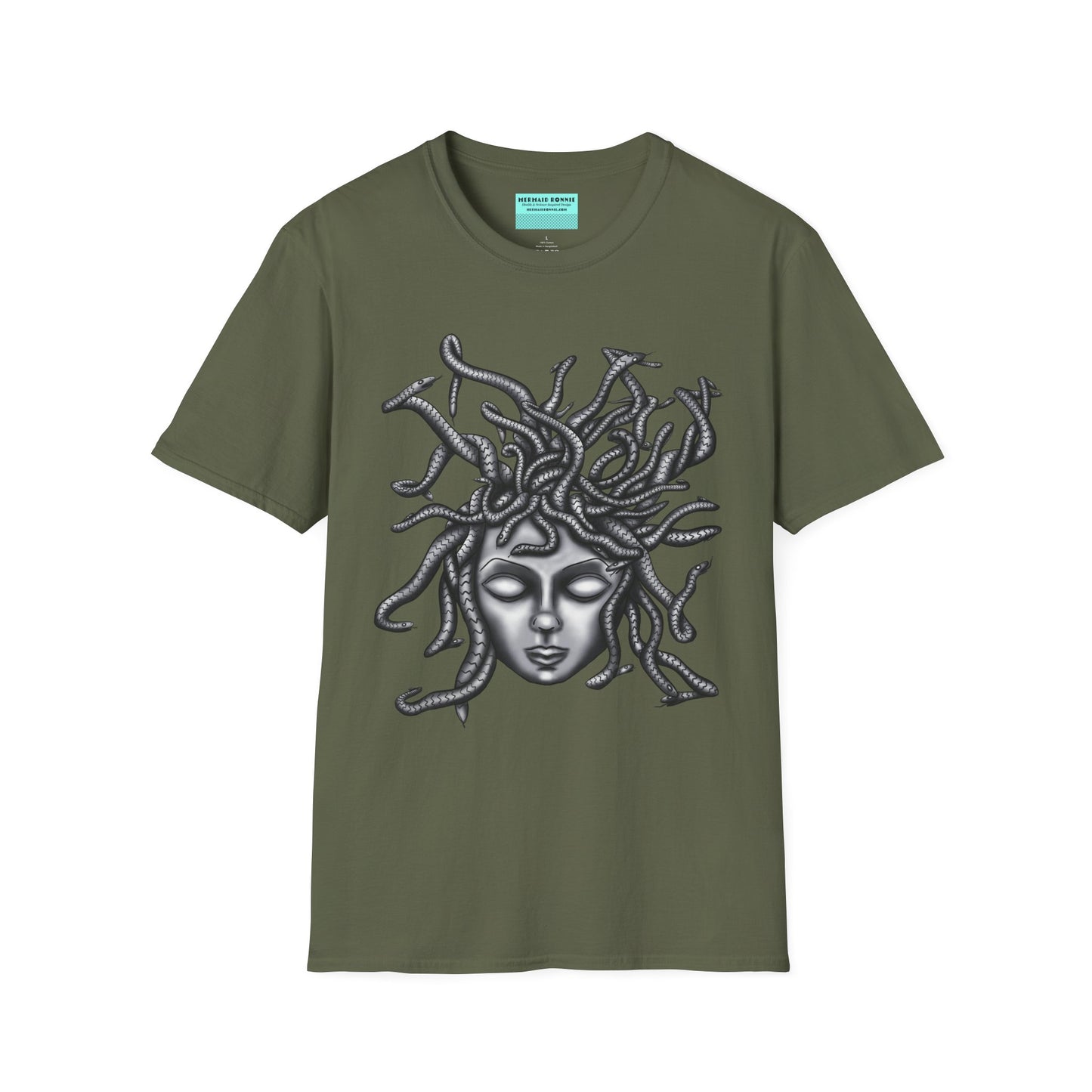 Military green t-shirt featuring a grayscale drawing of Medusa.