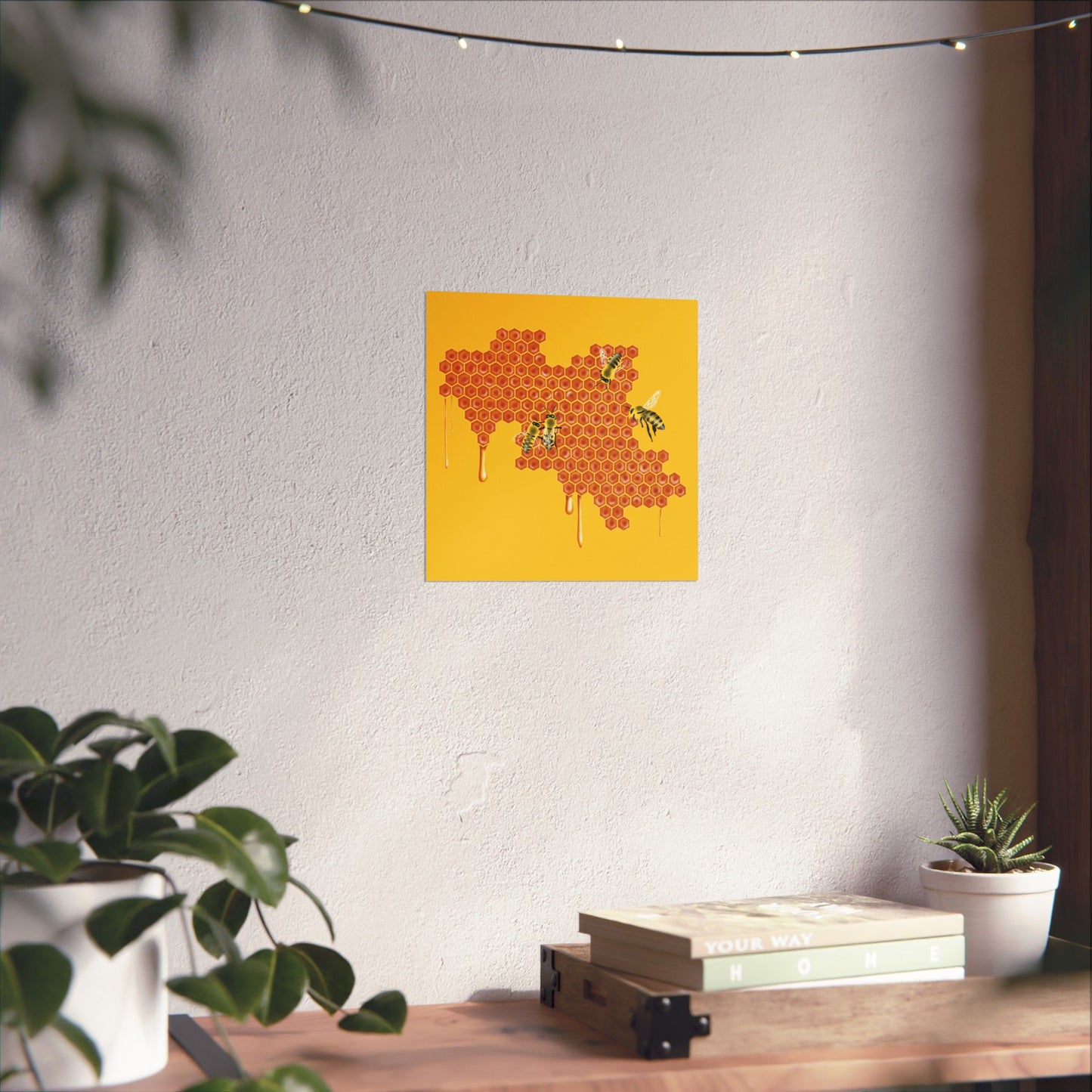 Honeybees on Honeycomb Wall Art Print, Dripping Honey, Yellow and Orange Nature Poster