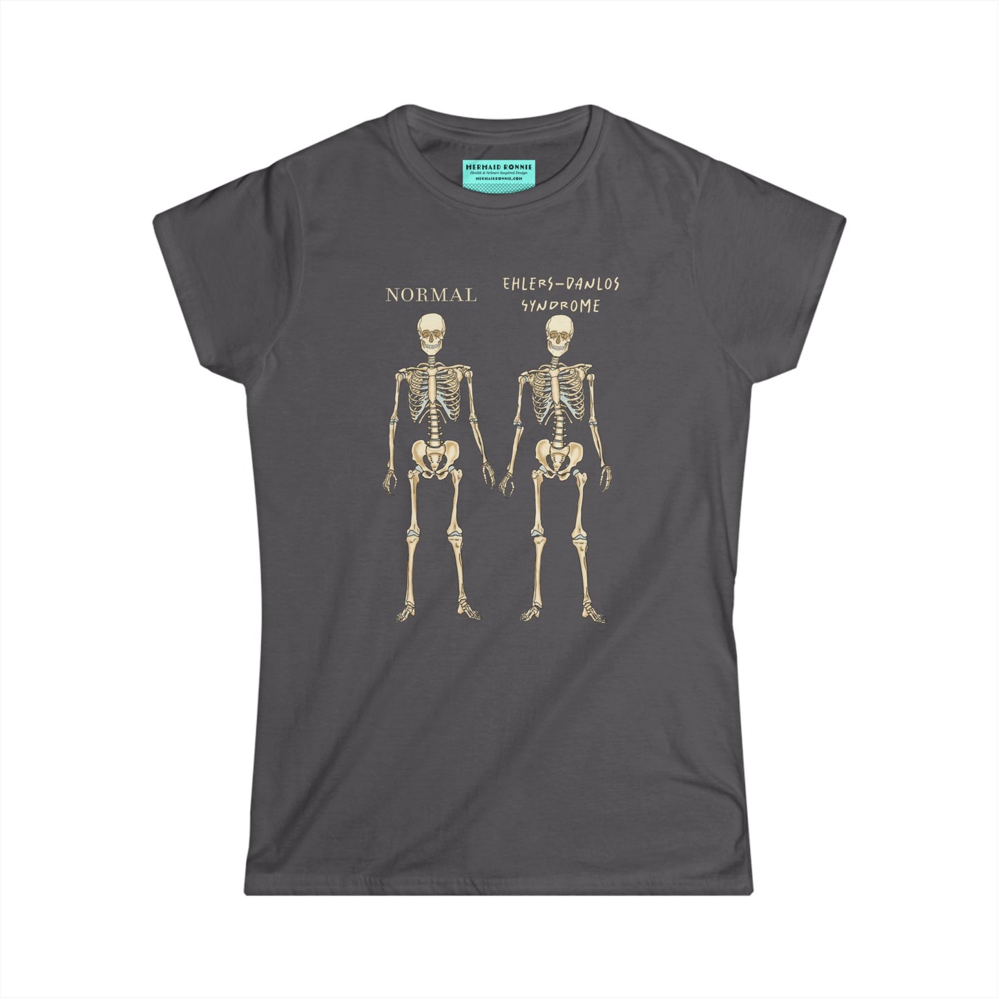 Women’s t-shirt in charcoal grey with two skeletons side by side. The first is labeled 'Normal' and the second is labeled 'Ehlers-Danlos Syndrome,' visually illustrating the skeletal effects of EDS.