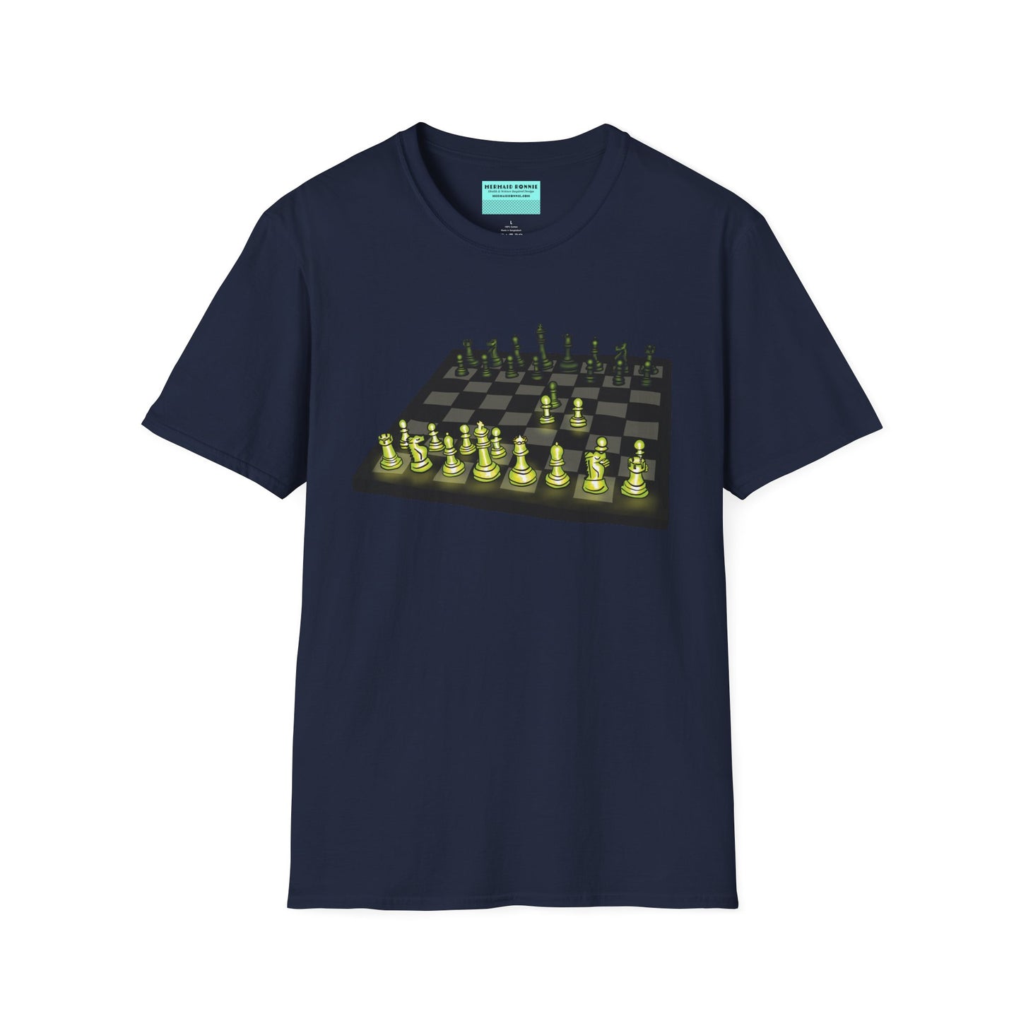 Navy unisex short-sleeve t-shirt featuring an electrifying chess board with glowing pieces mid–Queen’s Gambit, because nothing says “checkmate” like opening with flair and a radiant strategy.