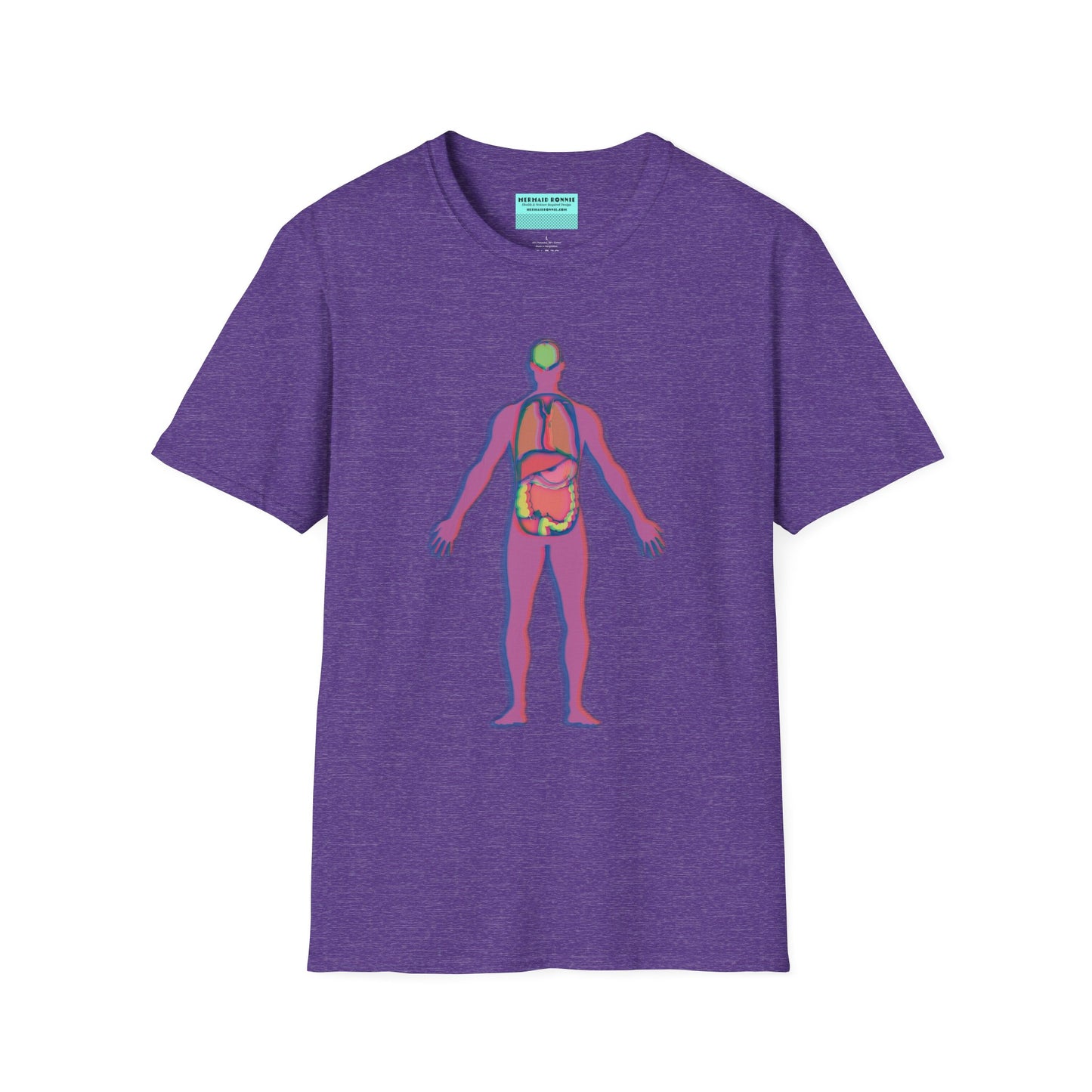 Purple t-shirt featuring an illustration of an anatomical figure with internal organs shown in different colors.