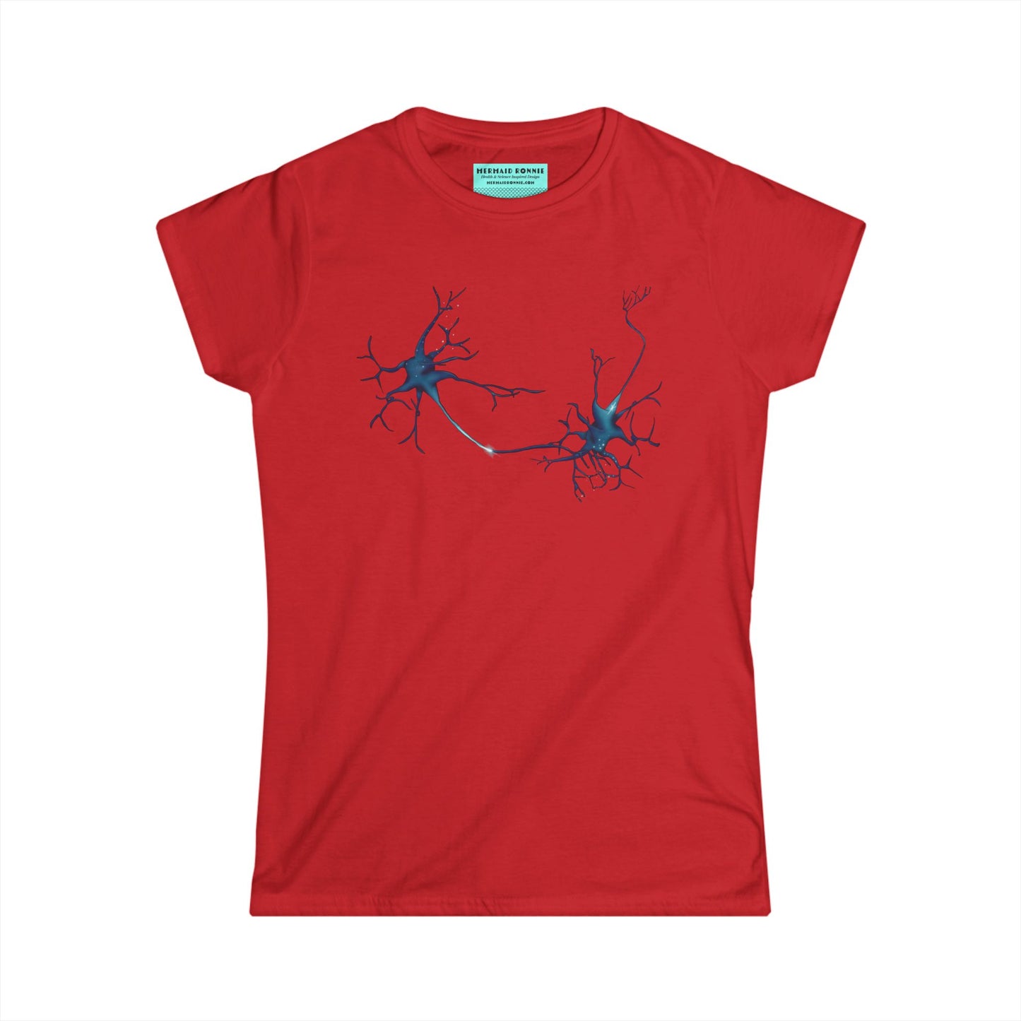 Women’s t-shirt in red featuring an illustration of two multipolar neurons forming a synapse.