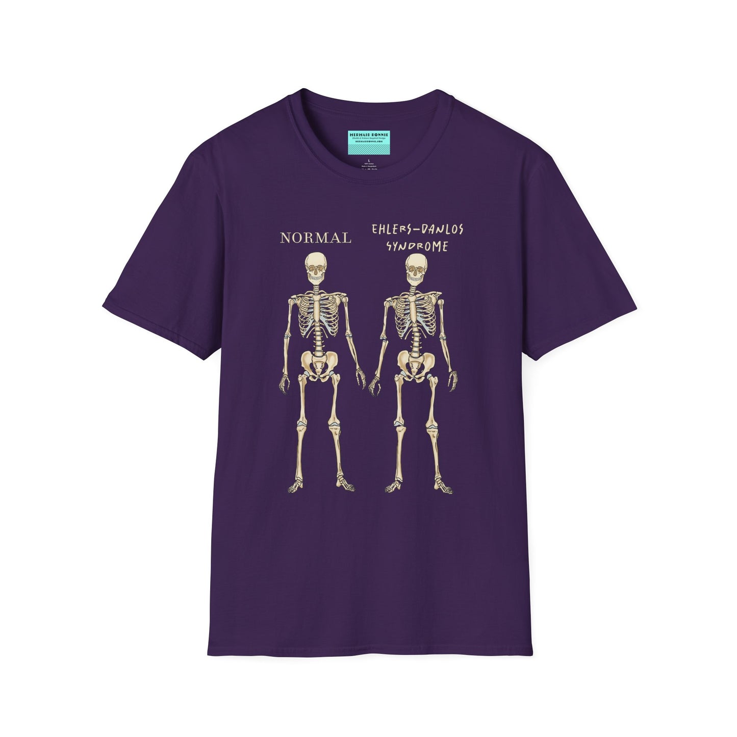 Dark purple unisex short sleeve t-shirt featuring two skeletons side by side—one labeled "normal," the other "Ehlers-Danlos Syndrome"—because connective tissue disorders deserve more visibility (and maybe a sense of humor, too).