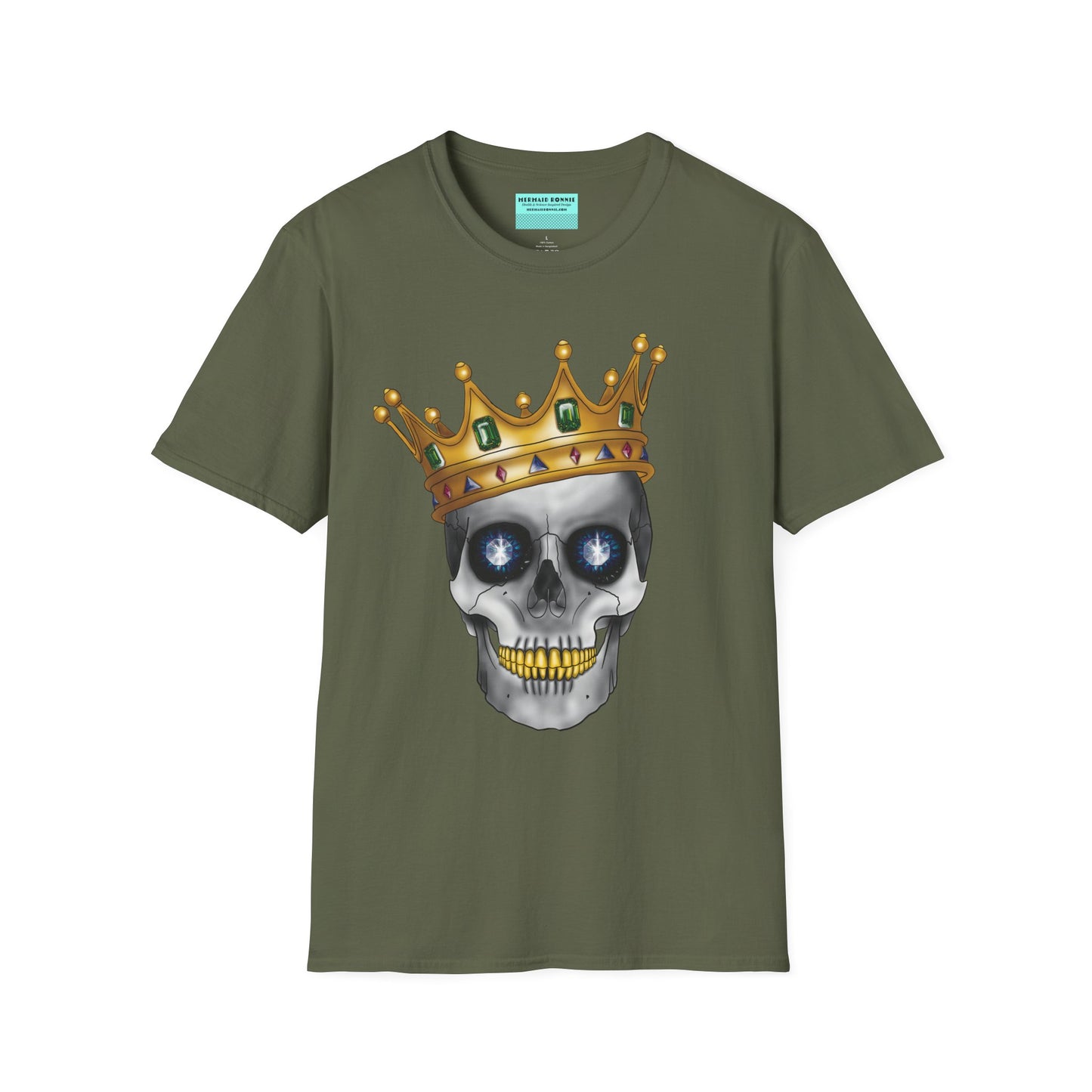 Military green t-shirt featuring an anatomical skull wearing an ornate crown, with gold teeth, large sapphire gemstones in the eye sockets, and emeralds and rubies decorating the crown.