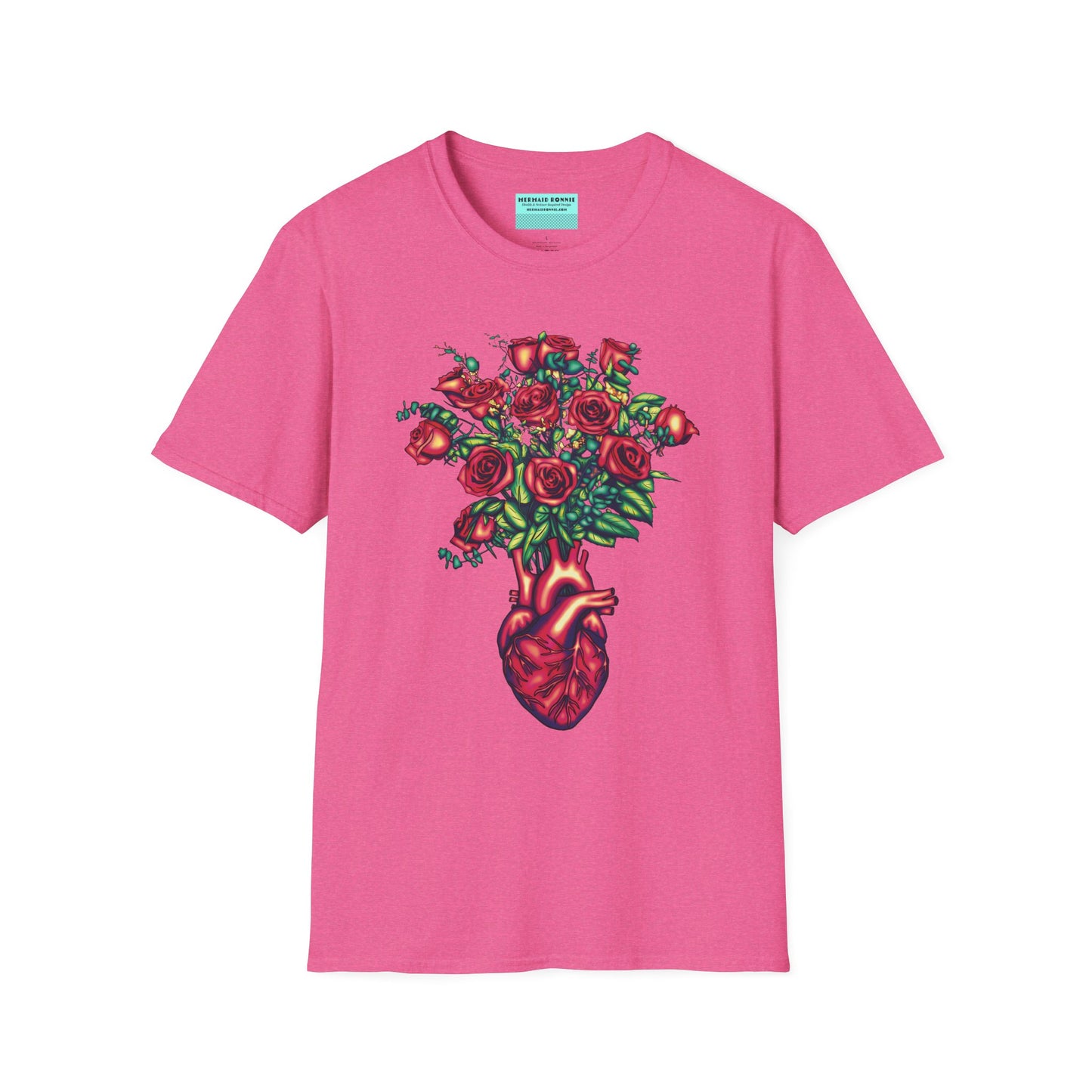 Pink shirt featuring an illustration of an anatomical heart used as a vase, with a bouquet of roses emerging from it.