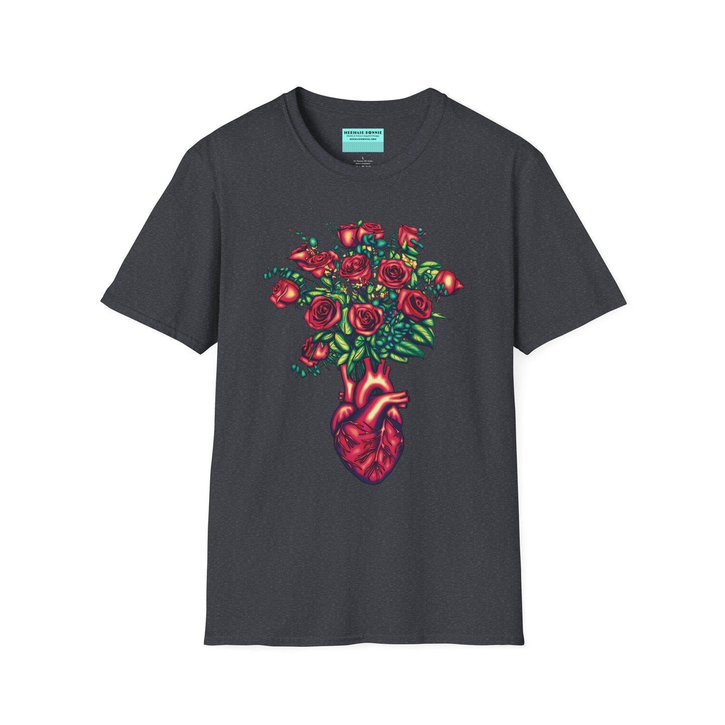 Dark grey shirt featuring an illustration of an anatomical heart used as a vase, with a bouquet of roses emerging from it.