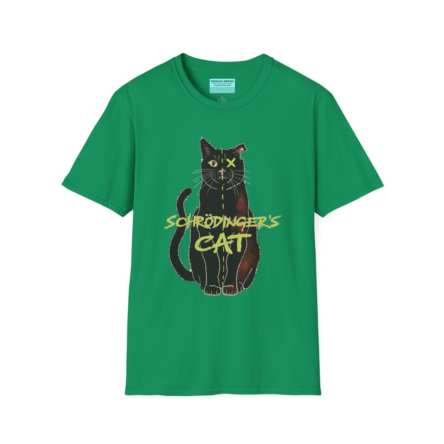 Green unisex short-sleeve tee featuring the infamous Schrödinger’s cat—half-alive, half-dead, and fully committed to quantum confusion. The feline paradox lounges proudly beneath the words "Schrödinger's Cat," because science jokes are both alive and kicking and six feet under.