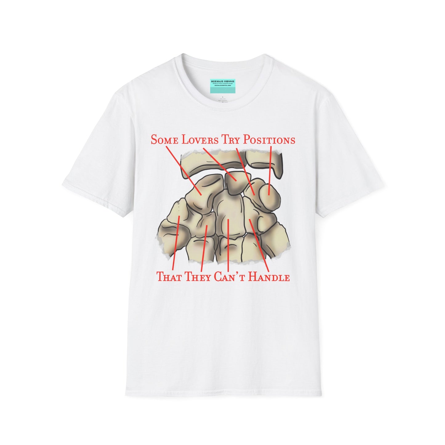 White t-shirt featuring an anatomical drawing of the carpal bones, with the mnemonic 'Some lovers try positions that they can't handle' displayed.