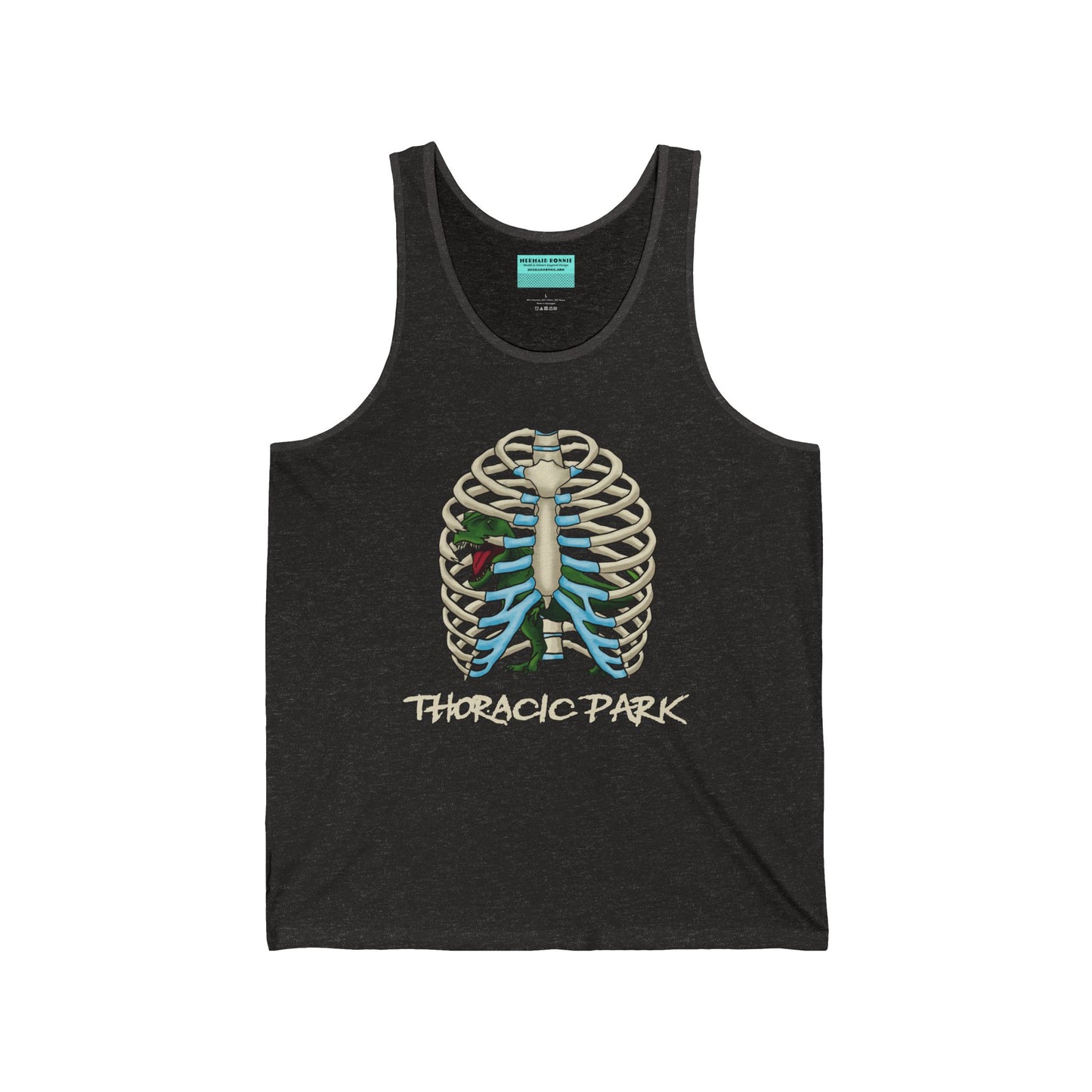 A dark heather grey unisex tank top featuring a ribcage with a T-Rex inside, and the punny text "Thoracic Park"—perfect for fans of both dino-sized humor and anatomy!