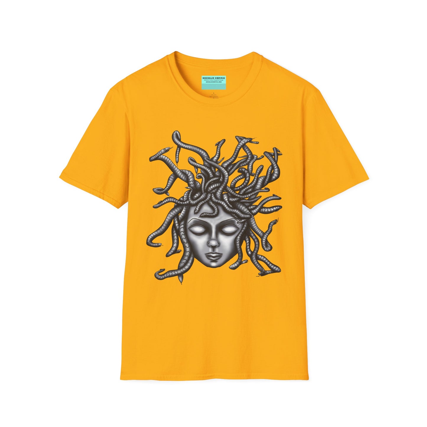 Yellow t-shirt featuring a grayscale drawing of Medusa.