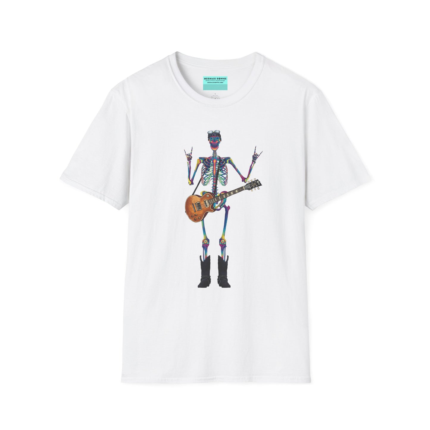 White t-shirt featuring a tie-dye skeleton holding a guitar, dressed like a classic rocker with boots, a bandana, and rock-style clothing.