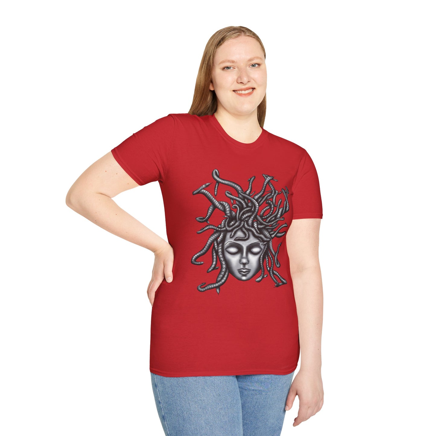 Woman wearing a red t-shirt featuring a grayscale drawing of Medusa.