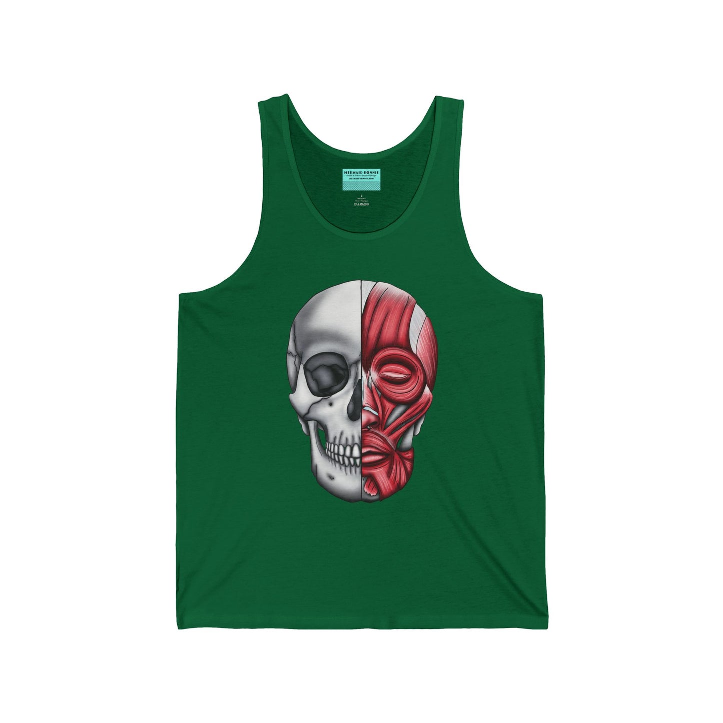 A dark green unisex adult tank top with a detailed anatomical skull, half showing the bones and the other half revealing the facial muscles—because who doesn’t want to wear a little “muscle” with their style?