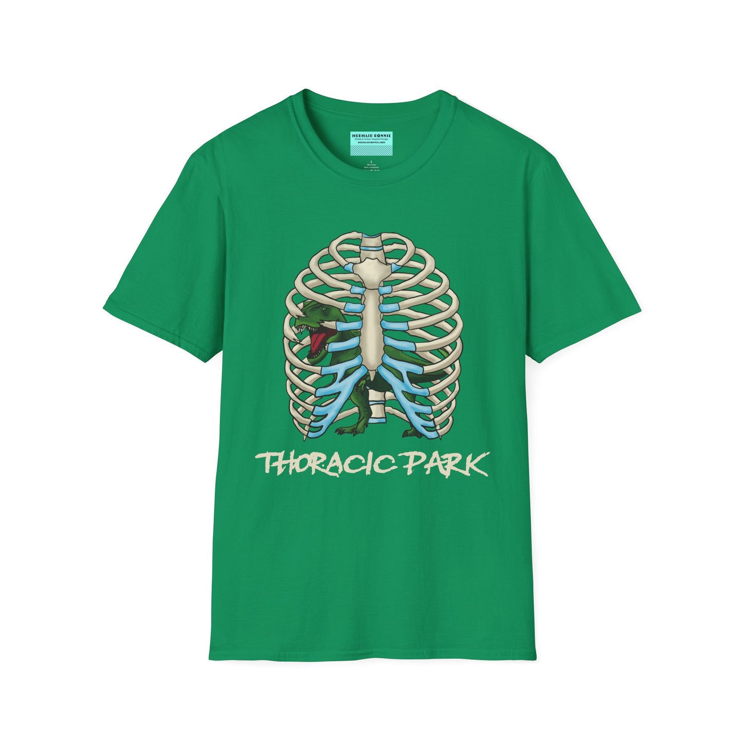 Green unisex short sleeve tee with a clever Jurassic twist—an anatomical rib cage doubles as a prehistoric prison for a tiny T-Rex, with the punny caption "Thoracic Park" below. It's dino-mite meets anatomy class in the best way possible.