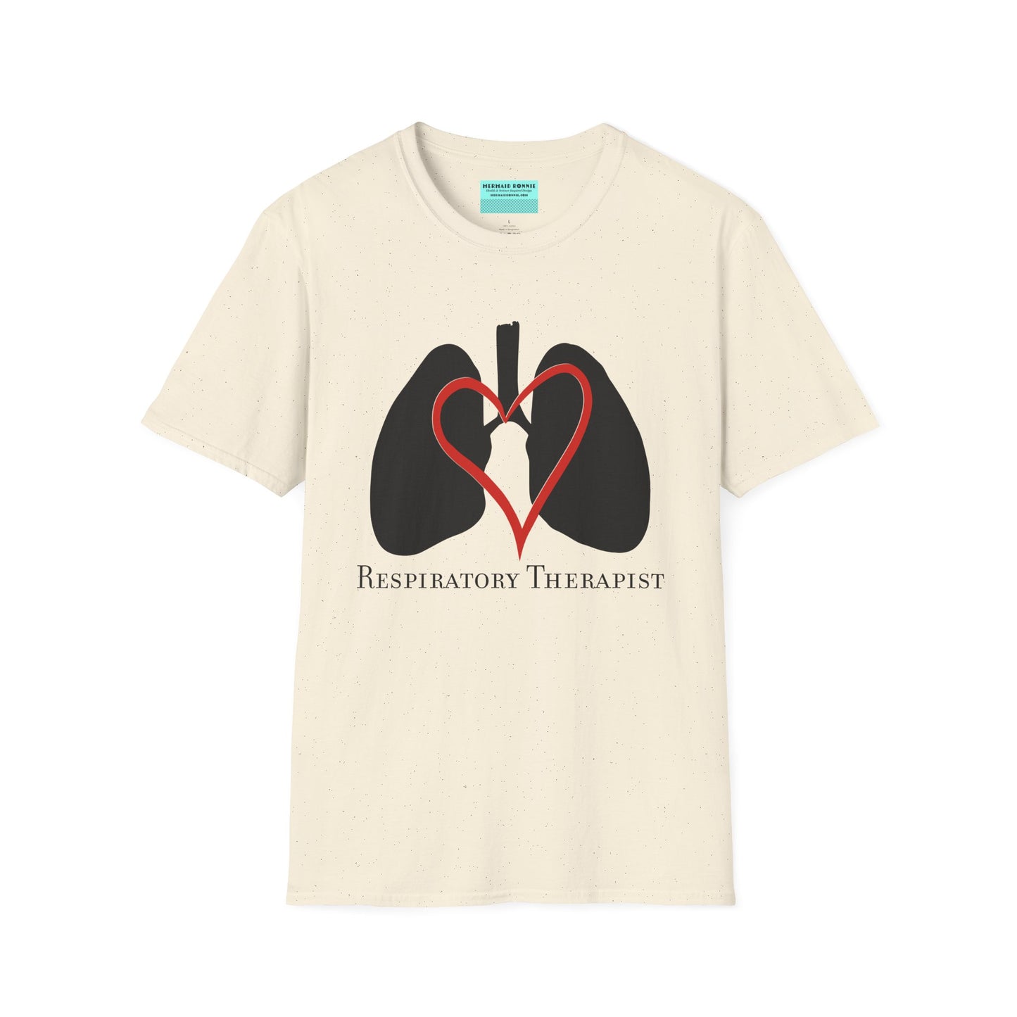 Beige unisex short sleeve t-shirt with a graphic illustration of a heart and lungs; the words "respiratory therapist" are printed below the design.