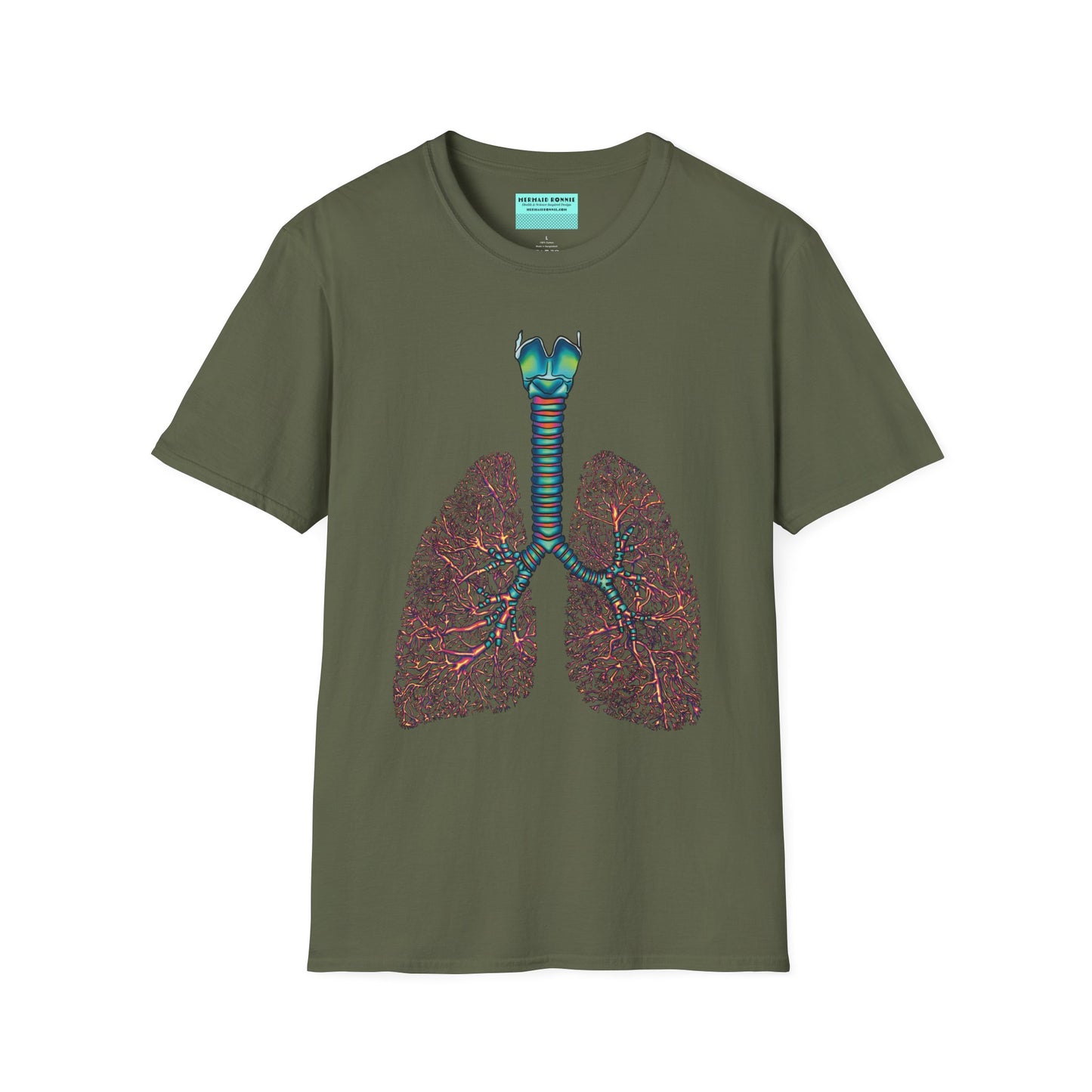 Military green t-shirt featuring an illustration of anatomical lungs, including the bronchi, trachea, and larynx.