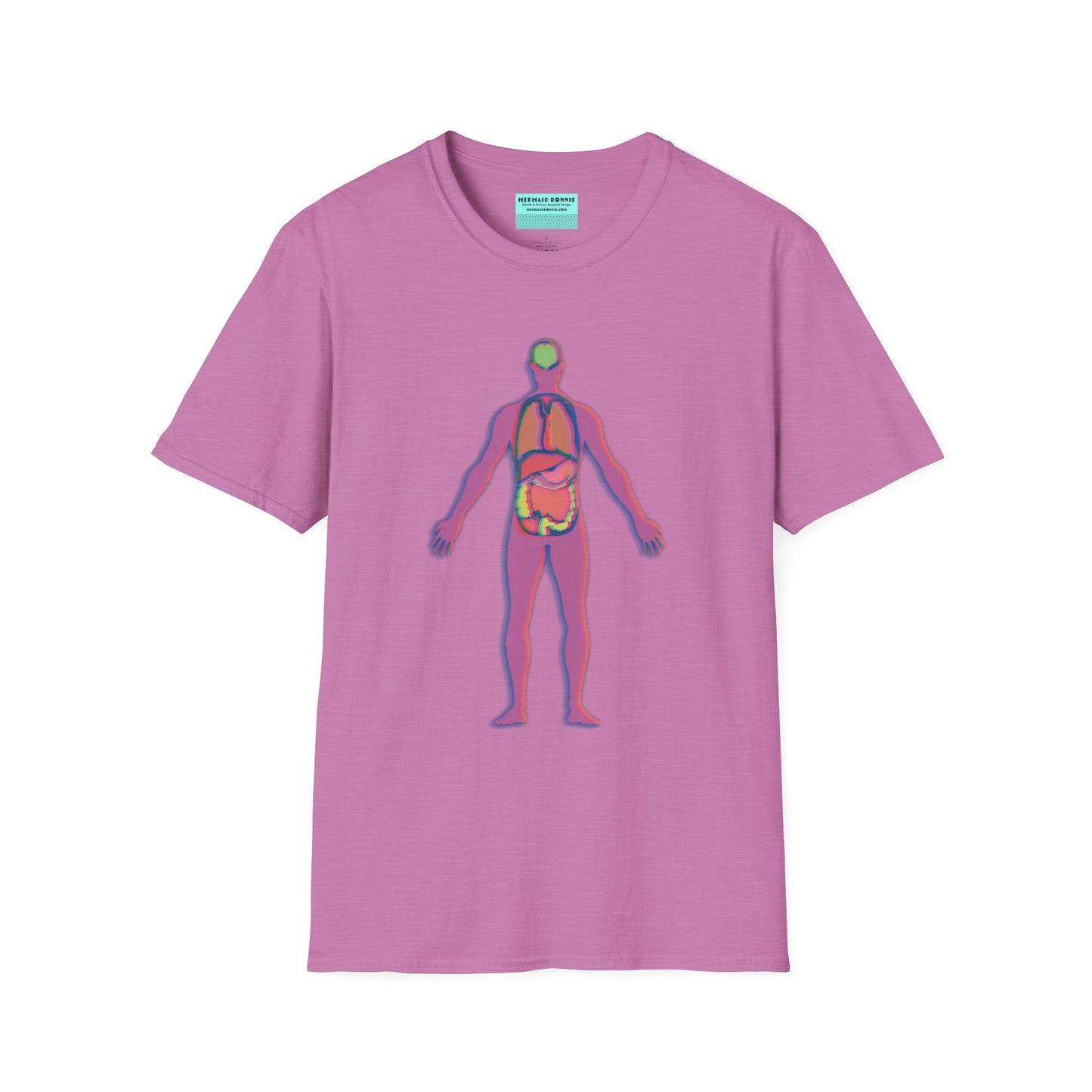 Light purple t-shirt featuring an illustration of an anatomical figure with internal organs shown in different colors.