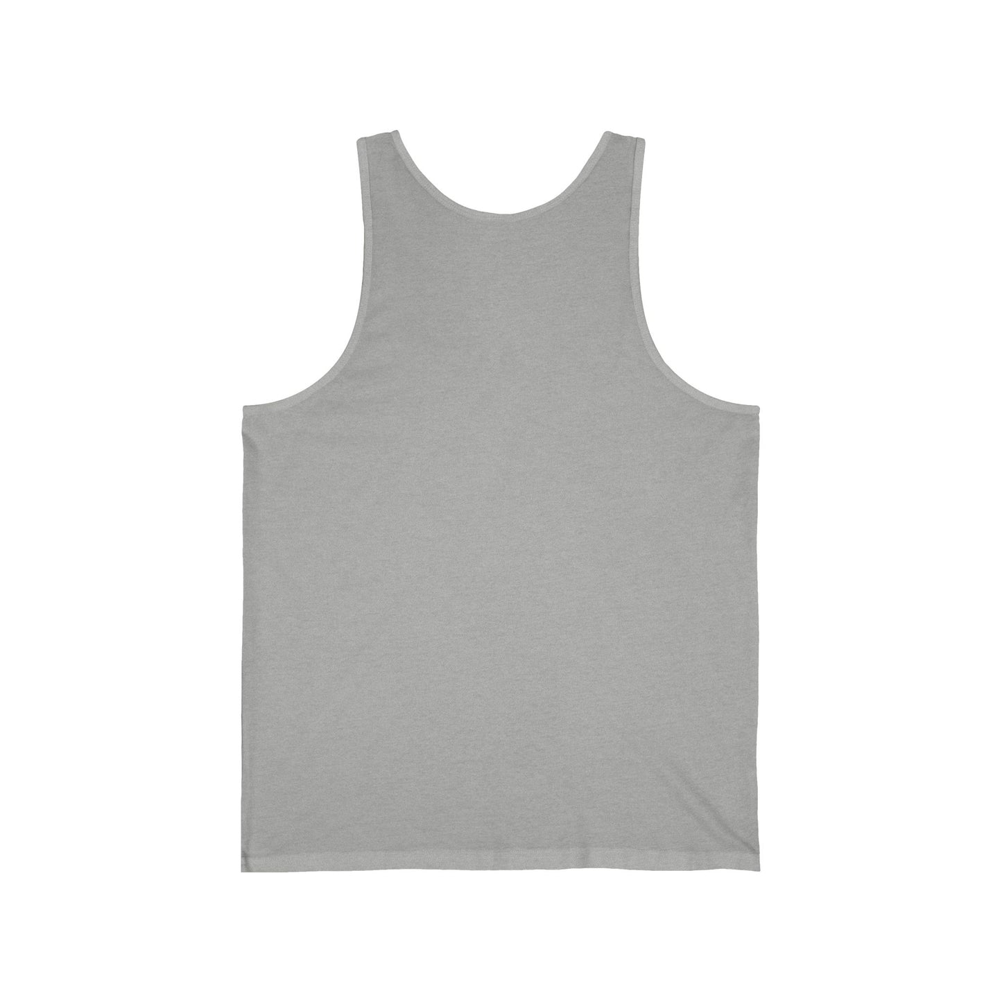 The back view of a grey unisex adult tank top.