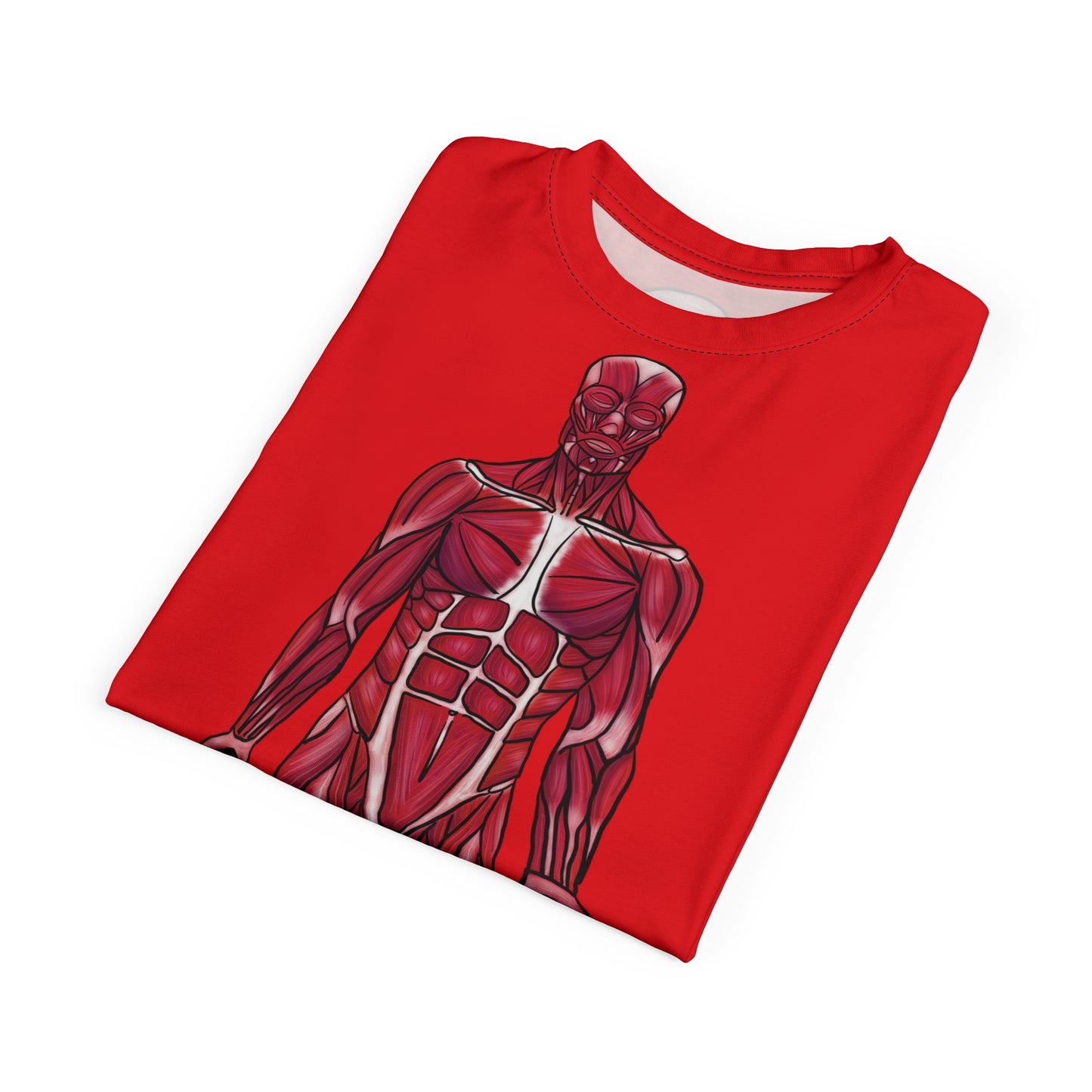 Folded red athletic t-shirt featuring a detailed anterior view diagram of the human muscular system printed on the front.