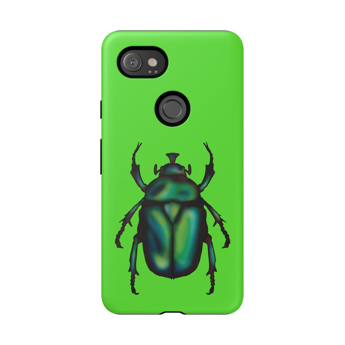 Lime green phone case featuring a dazzling illustration of a green and blue June bug—this iridescent little beetle brings all the shine without the buzz.