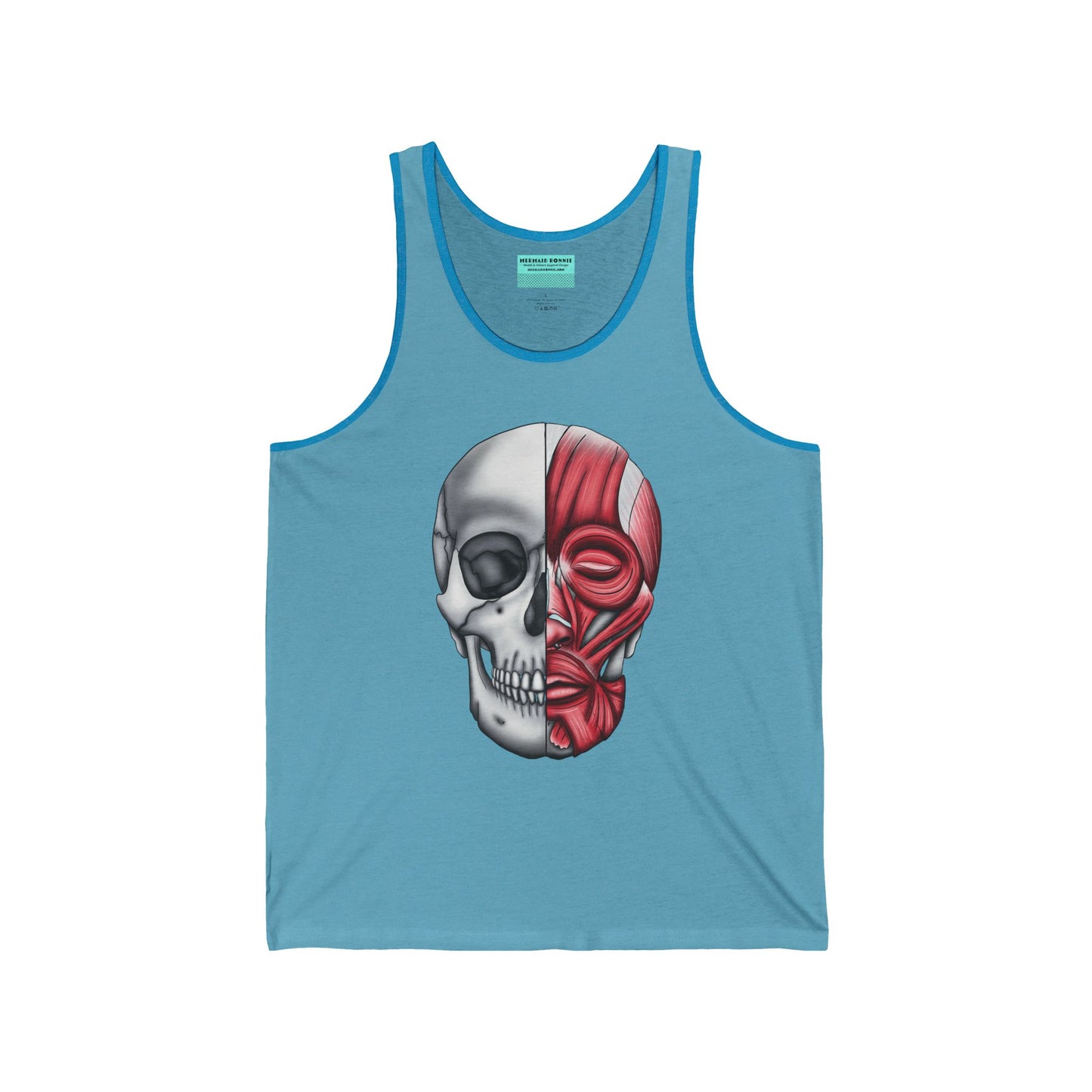 A light blue unisex adult tank top with a detailed anatomical skull, half showing the bones and the other half revealing the facial muscles—because who doesn’t want to wear a little “muscle” with their style?