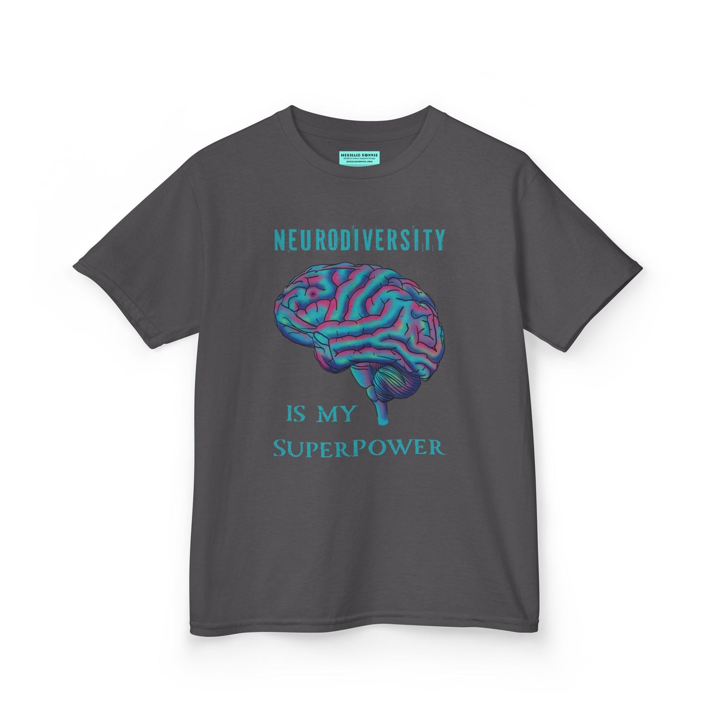 Charcoal grey unisex kids' t-shirt featuring a drawing of an anatomical brain and the text 'Neurodiversity is my superpower.'