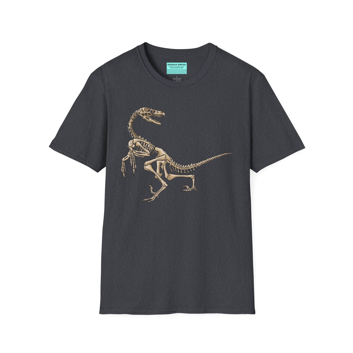 Dark grey unisex short sleeve t-shirt with a fierce velociraptor skeleton strutting across the chest—because who says extinct can’t be stylish?