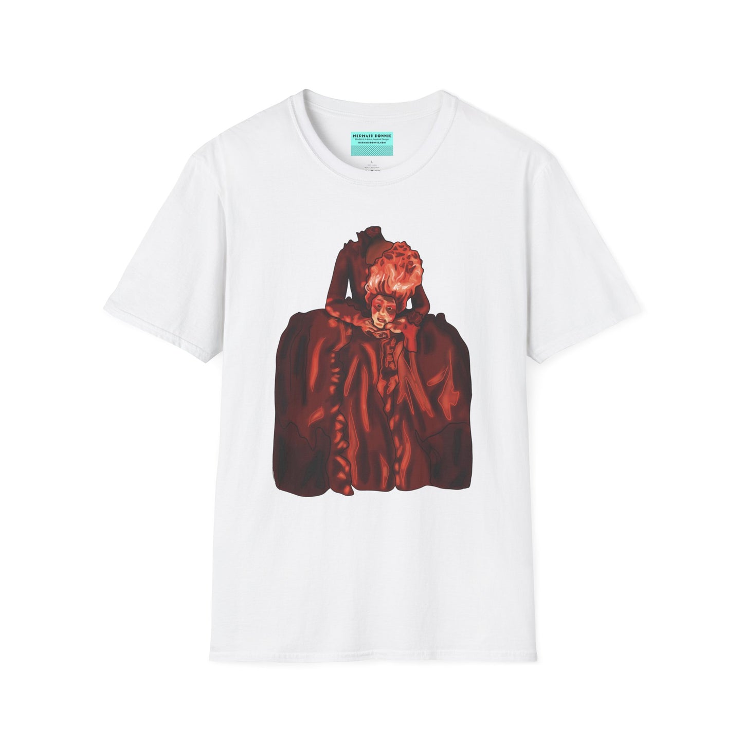 White t-shirt featuring an illustration of a headless Marie Antoinette holding her own head in her hands.