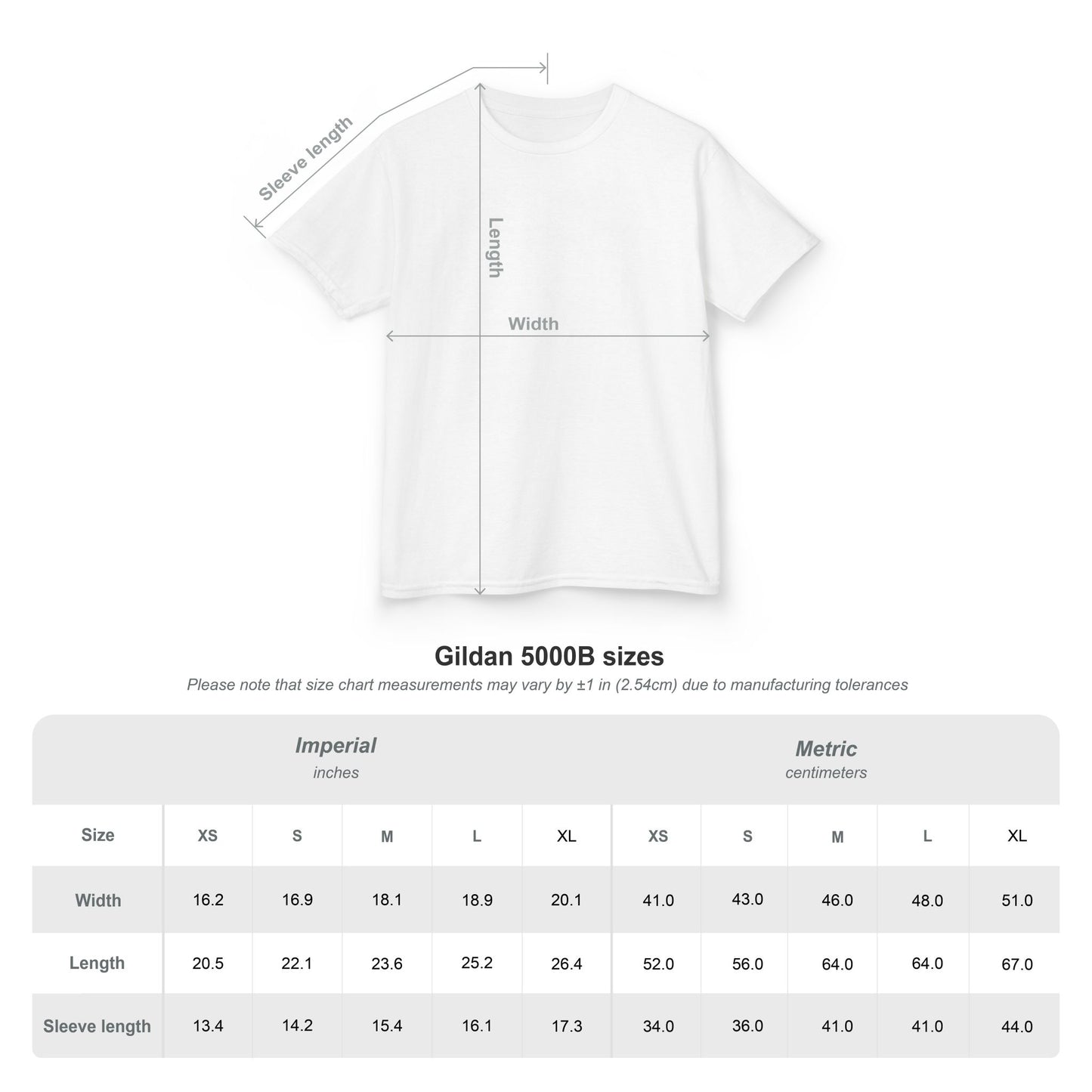 Gildan 5000B T-Shirt size chart