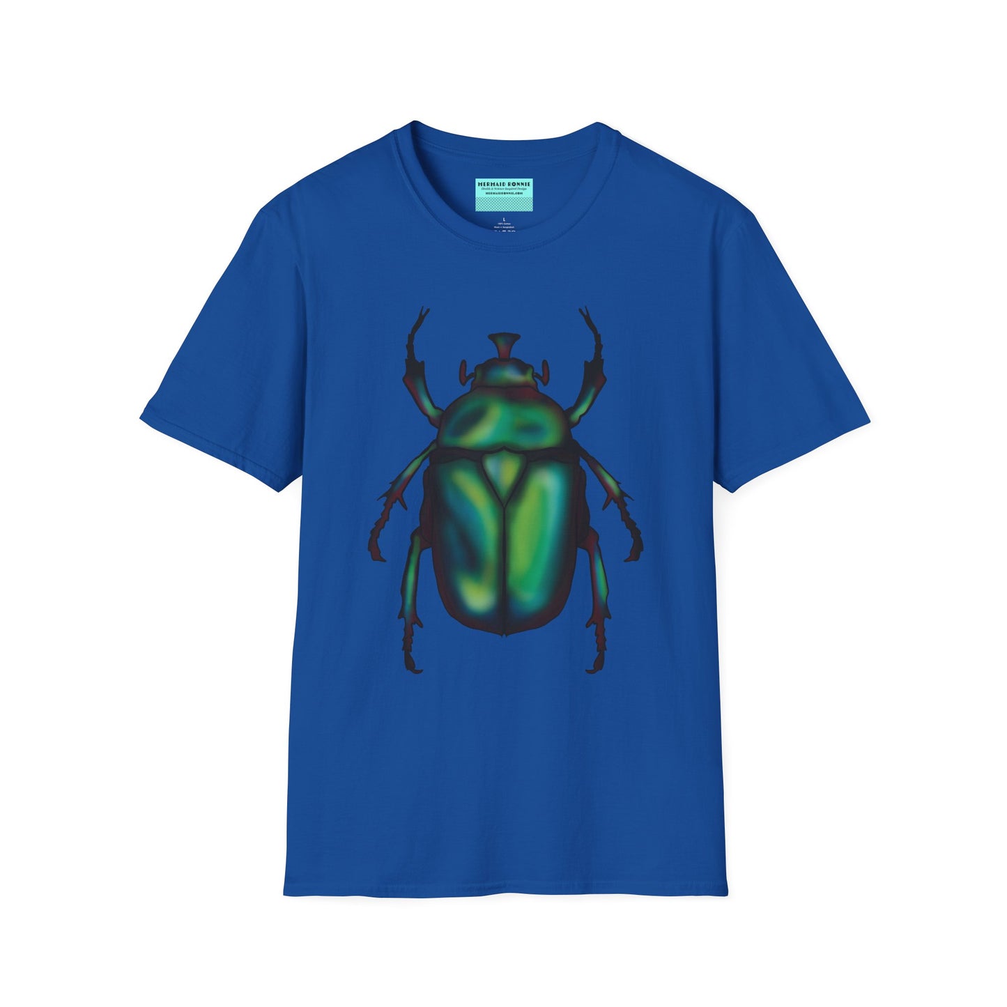 Royal blue t-shirt featuring an illustration of a June bug (green chafer beetle) across the chest.