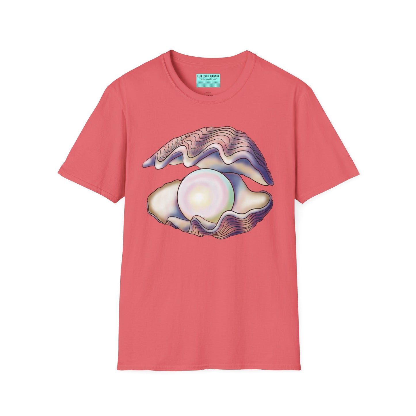 Coral t-shirt featuring an illustration of a large oyster with a luminescent pearl inside.