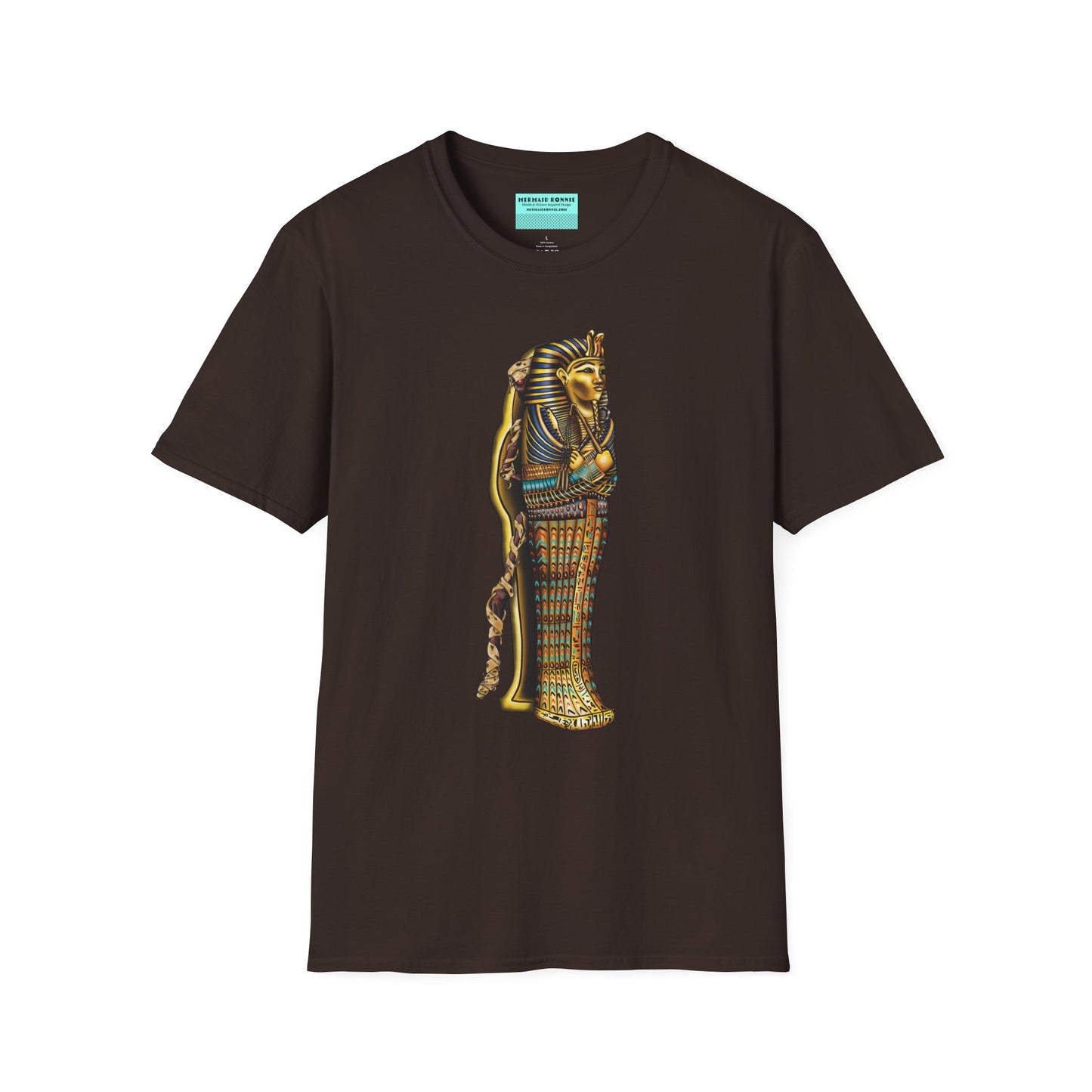 Brown t-shirt featuring an illustration of an Egyptian sarcophagus, with a mummy stepping out of it and glowing red eyes.