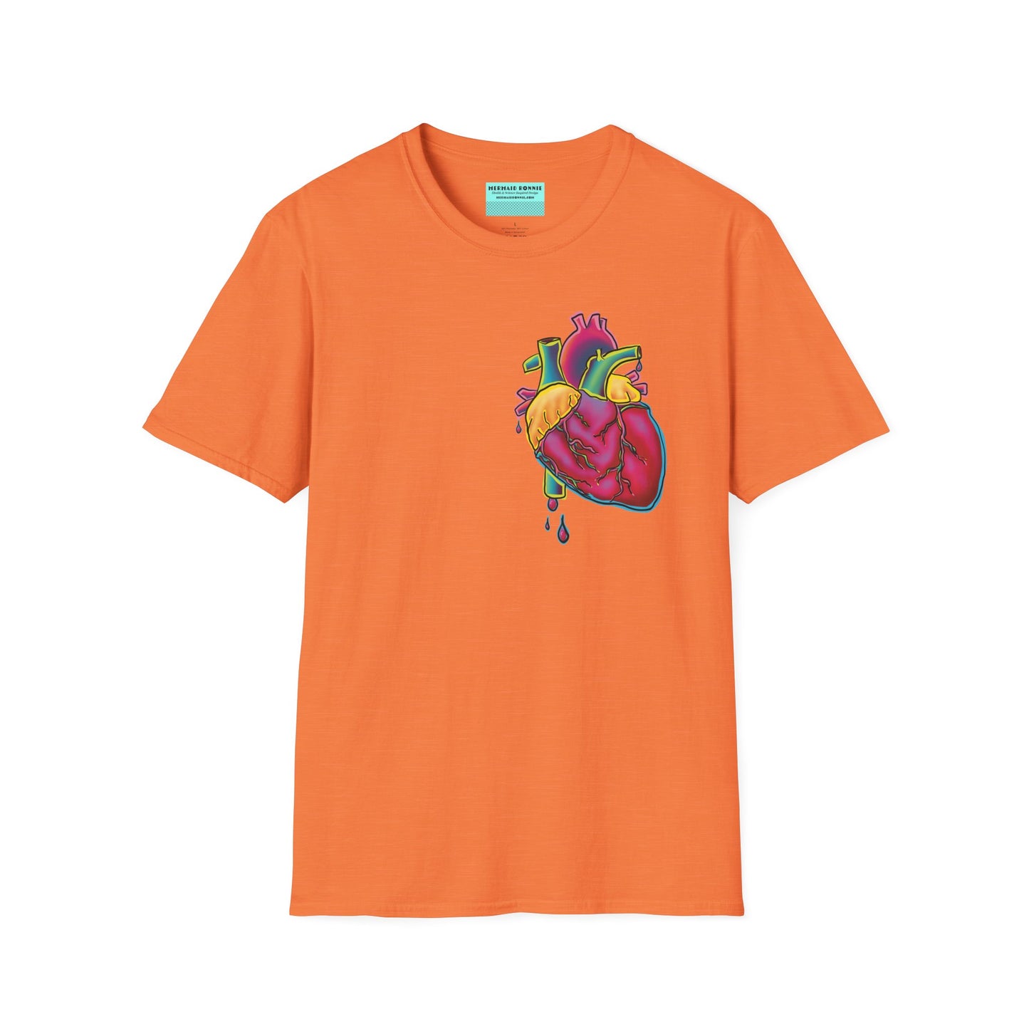 Orange unisex short sleeve t-shirt featuring a bold neon anatomical heart front and off-center, complete with dripping blood vessels—because nothing says “wear your heart on your sleeve” like wearing it smack on your chest in highlighter tones.