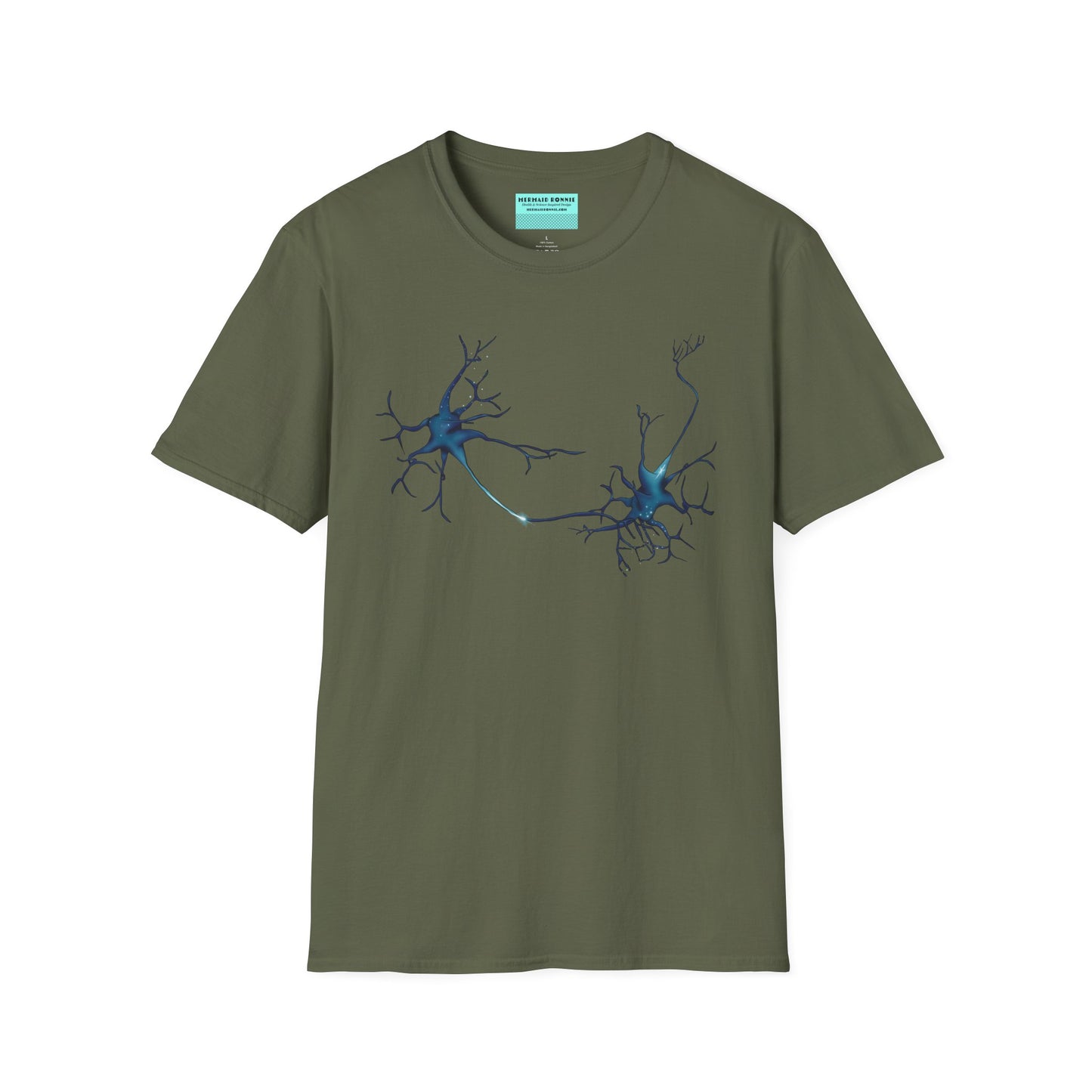 Military green t-shirt featuring an illustration of two blue neurons extending toward each other and forming a synapse across the front.