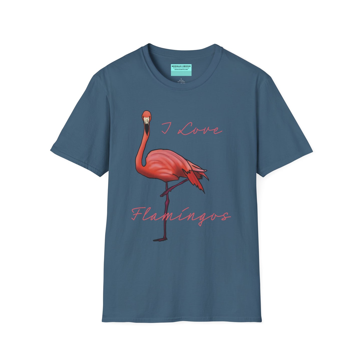 Indigo blue unisex short-sleeve tee with a fabulously pink flamingo strutting its stuff and the words “I love flamingos” — for anyone whose spirit animal stands on one leg.