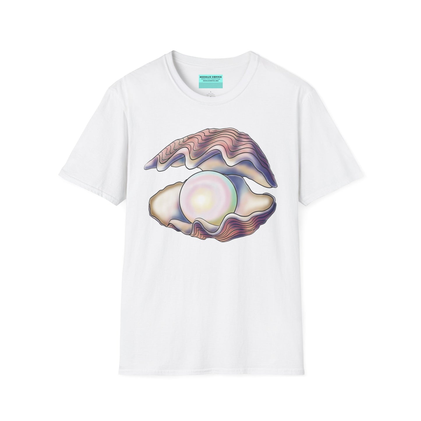 White t-shirt featuring an illustration of a large oyster with a luminescent pearl inside.