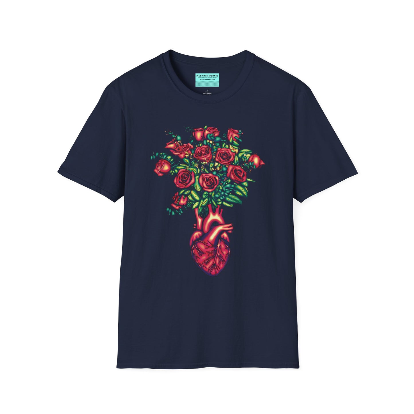 Navy shirt featuring an illustration of an anatomical heart used as a vase, with a bouquet of roses emerging from it.