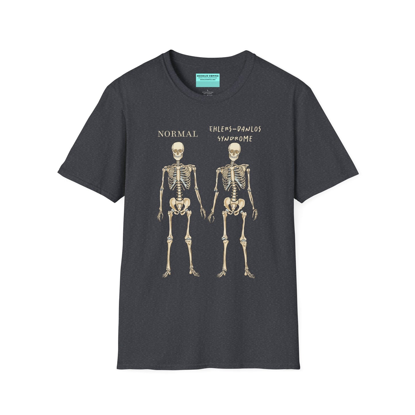 Dark grey unisex short sleeve t-shirt featuring two skeletons side by side—one labeled "normal," the other "Ehlers-Danlos Syndrome"—because connective tissue disorders deserve more visibility (and maybe a sense of humor, too).