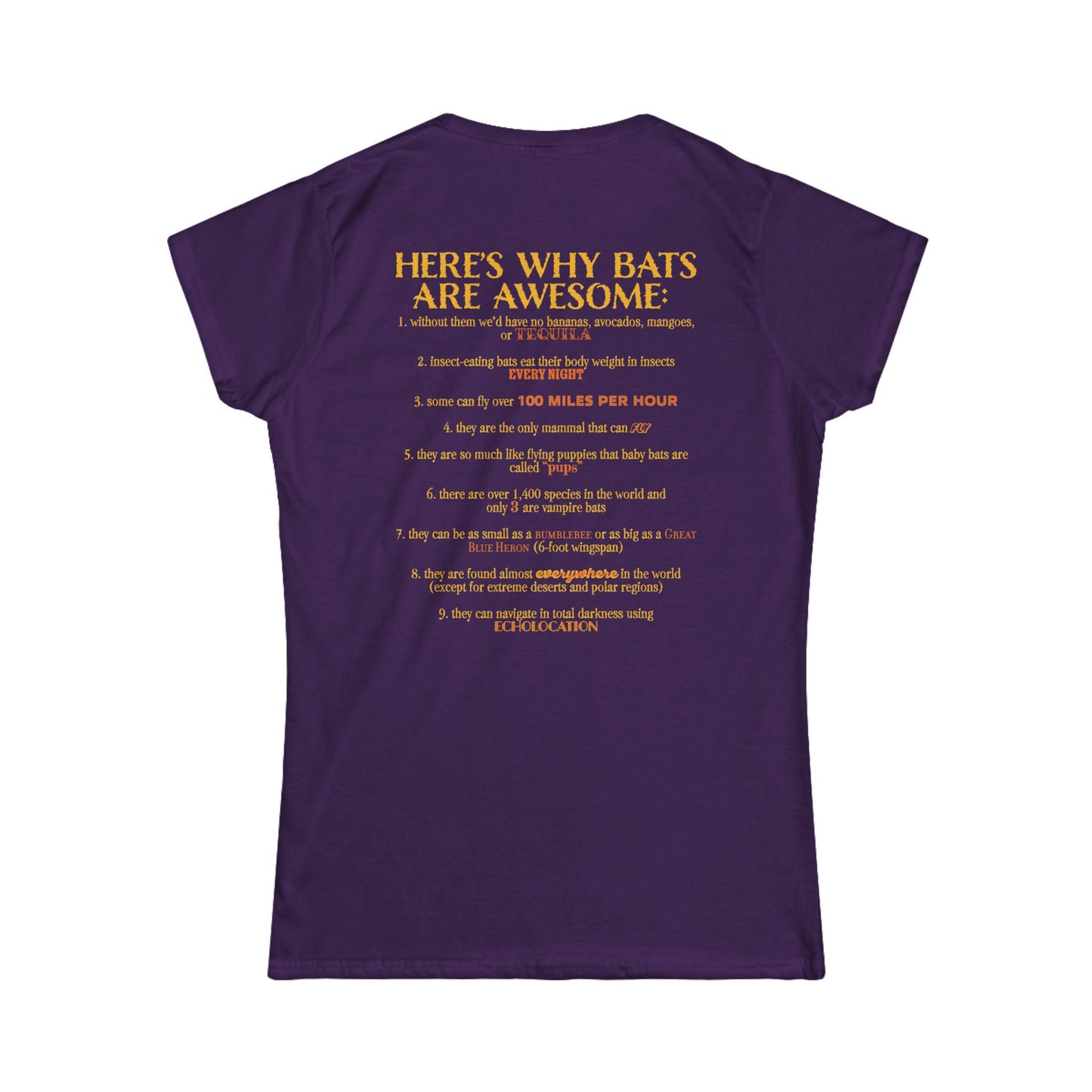 Back of a women’s t-shirt in dark purple, with the heading 'Here’s why bats are awesome' followed by a list of nine bat facts printed beneath it.