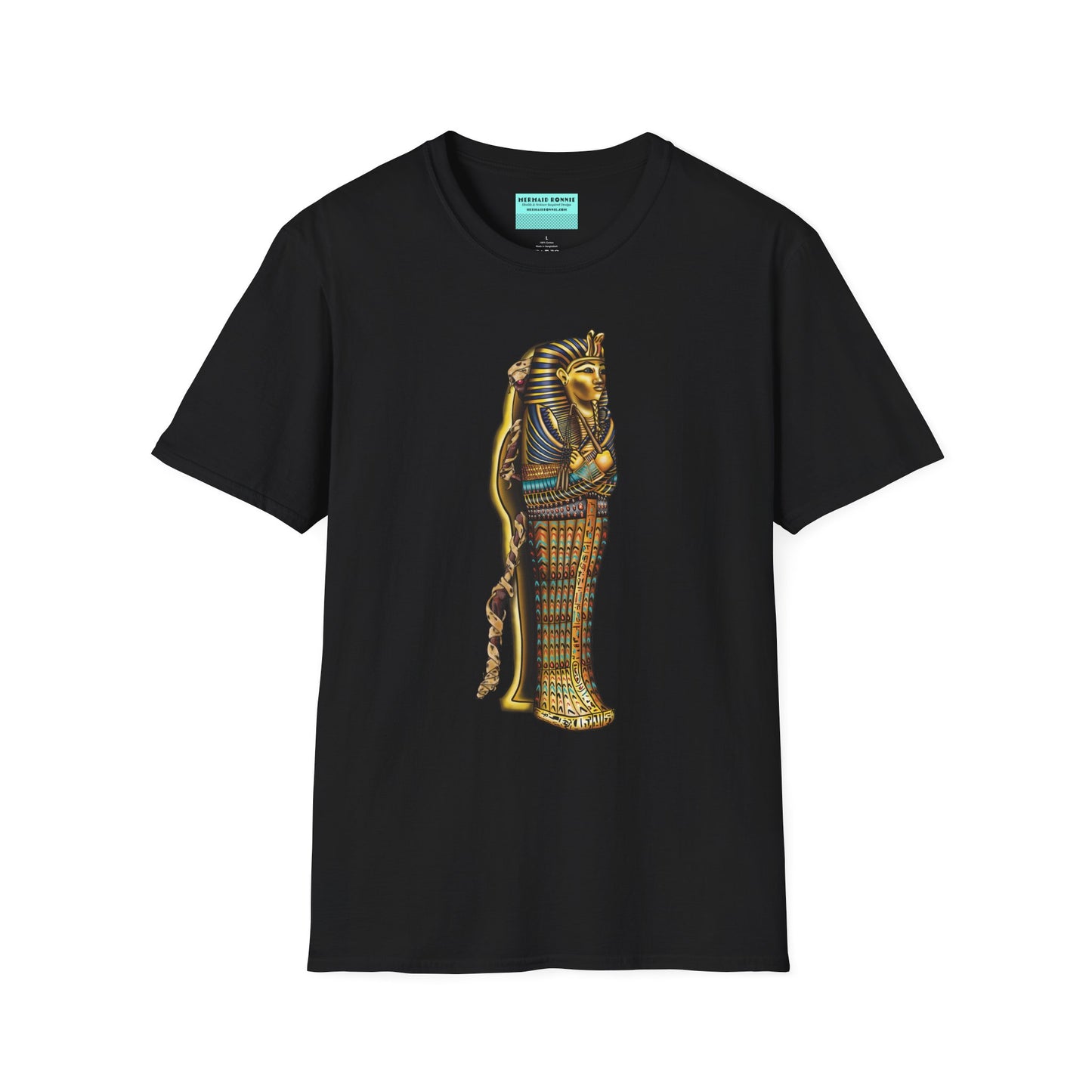 Black t-shirt featuring an illustration of an Egyptian sarcophagus, with a mummy stepping out of it and glowing red eyes.