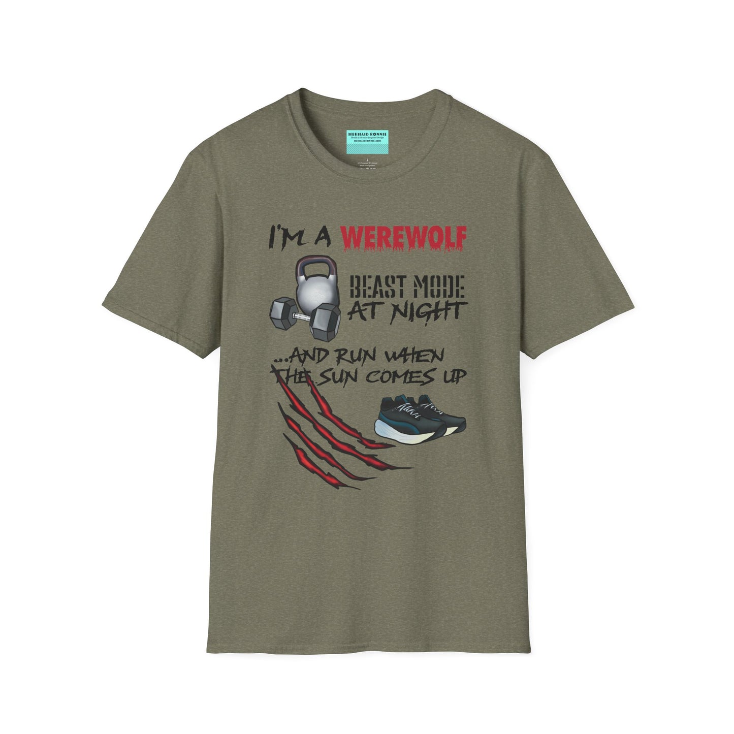 Grey green t-shirt featuring illustrations of kettlebells, dumbbells, and running shoes, with the phrase 'I'm a werewolf. Beast mode at night, and run when the sun comes up.'